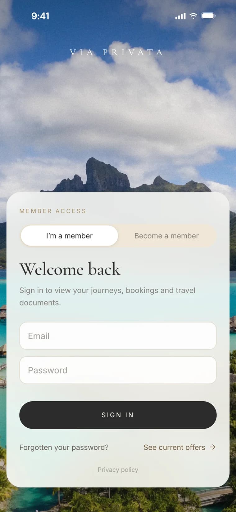 The app's sign-in screen over a photo of Bora Bora's lagoon, with I'm a member and Become a member tabs