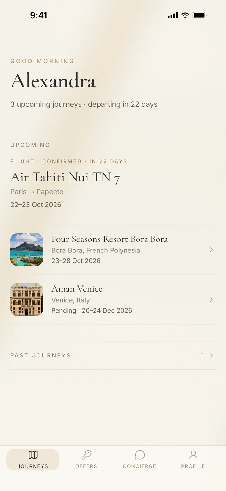 The Journeys screen, listing a flight to Papeete and stays at Four Seasons Bora Bora and Aman Venice
