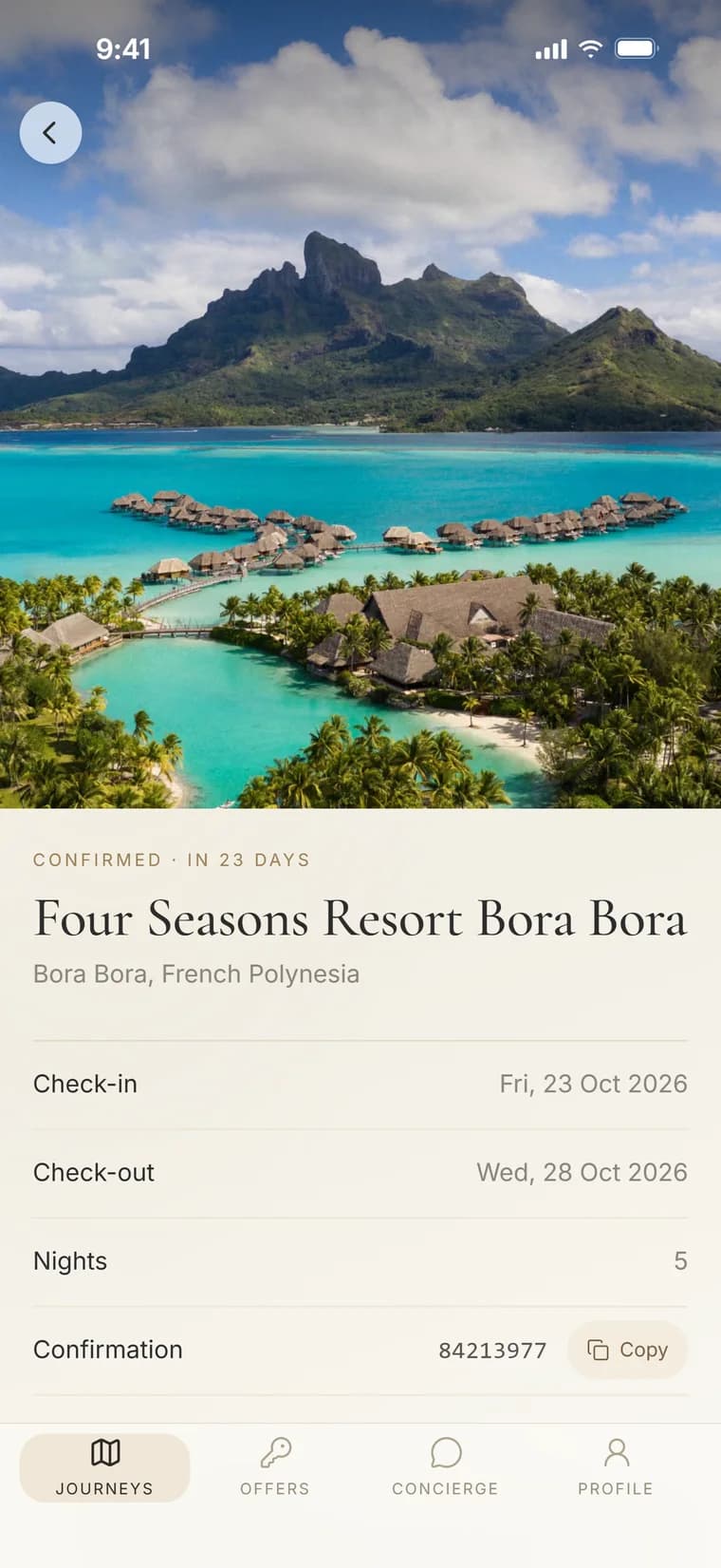 The Via Privata app showing a confirmed stay at Four Seasons Resort Bora Bora, with check-in and check-out dates