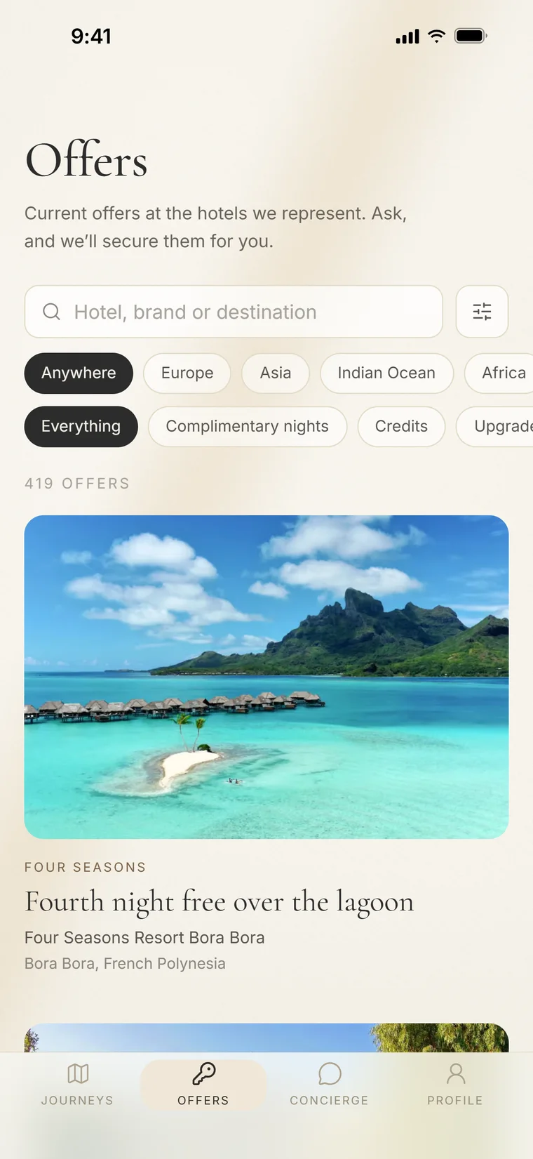 The Offers screen, with filters by region and a fourth-night-free offer at Four Seasons Bora Bora