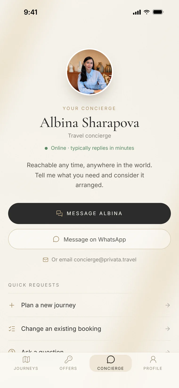 The Concierge screen with Albina Sharapova's photo and buttons to message her in the app or on WhatsApp