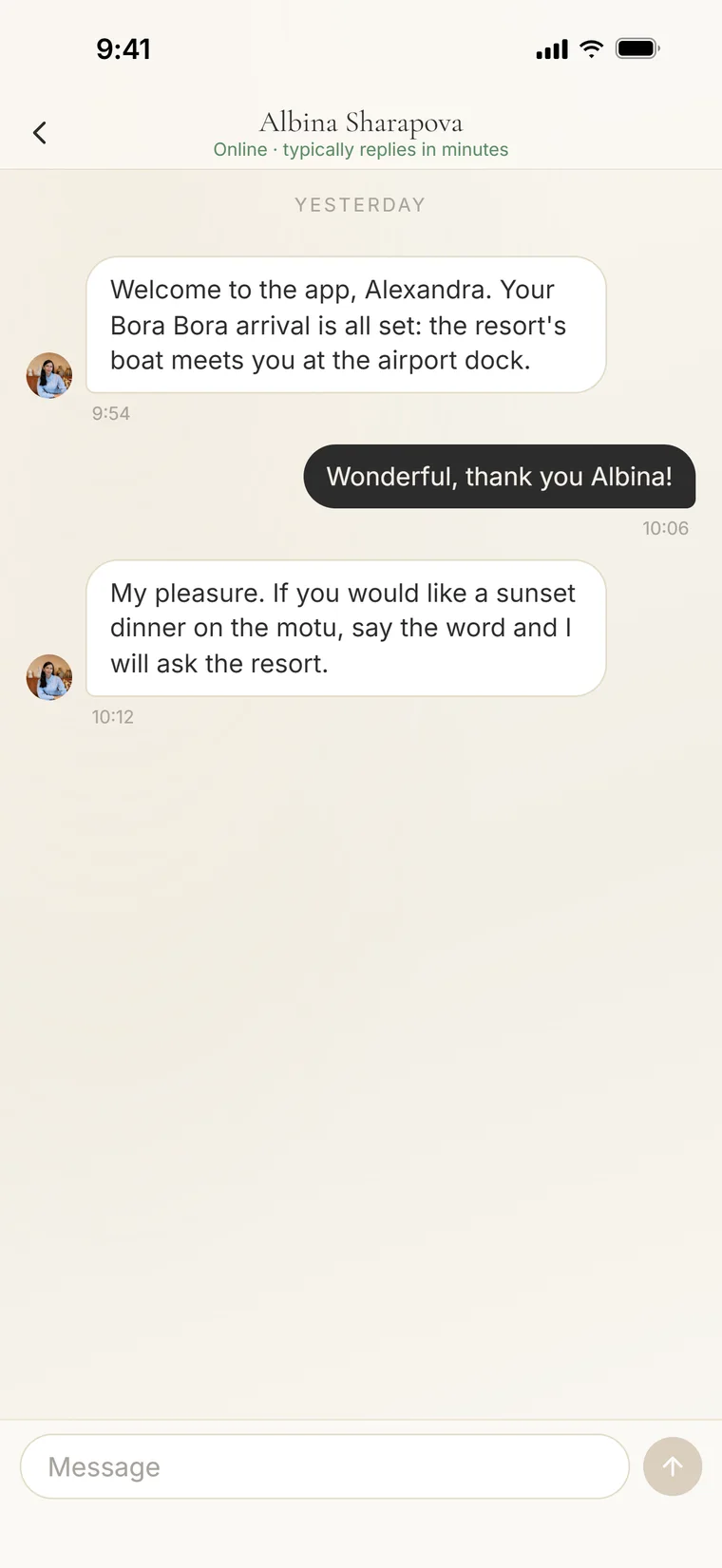 A conversation with Albina about a boat transfer and a sunset dinner on the motu