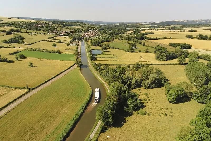 The Canal du Centre through farmland, from above