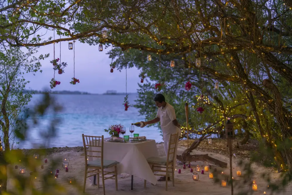 Столик на двоих на песке под деревом с фонариками, официант наливает вино, Four Seasons Maldives at Kuda Huraa