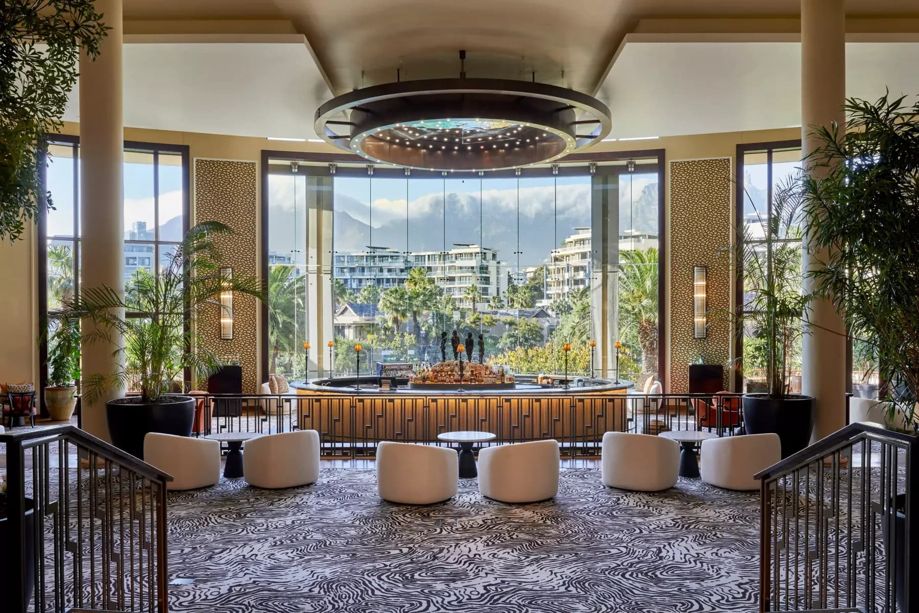 The lobby bar at One&Only Cape Town, with Table Mountain beyond the windows