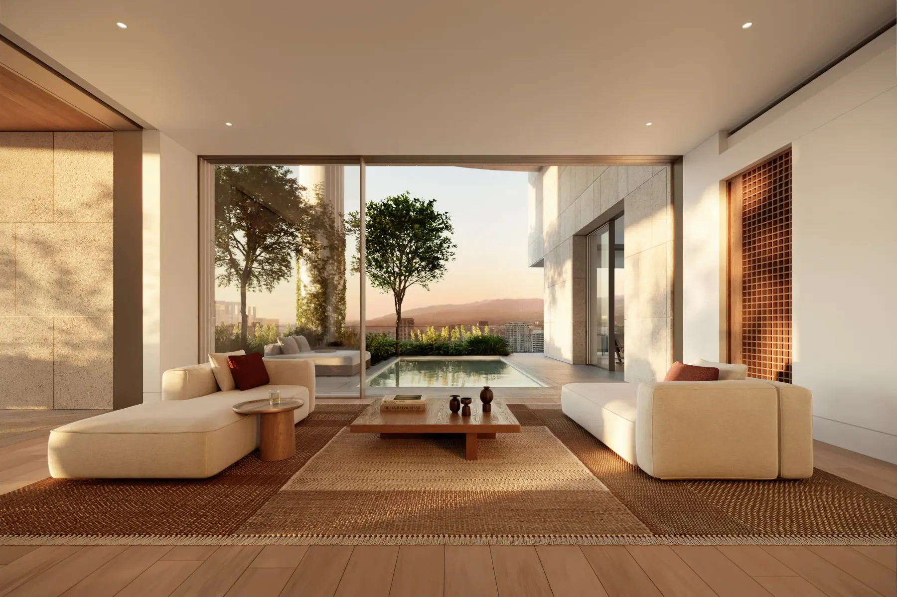 Rendering of a residence living room opening to a private terrace with lap pool and Los Angeles hills