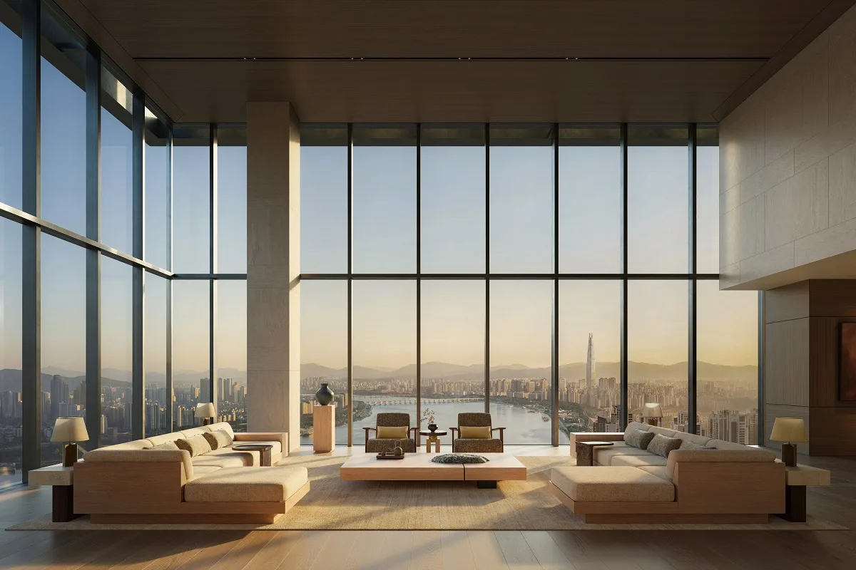 A double-height living room above the Han River at Aman Residences, Seoul, rendered.