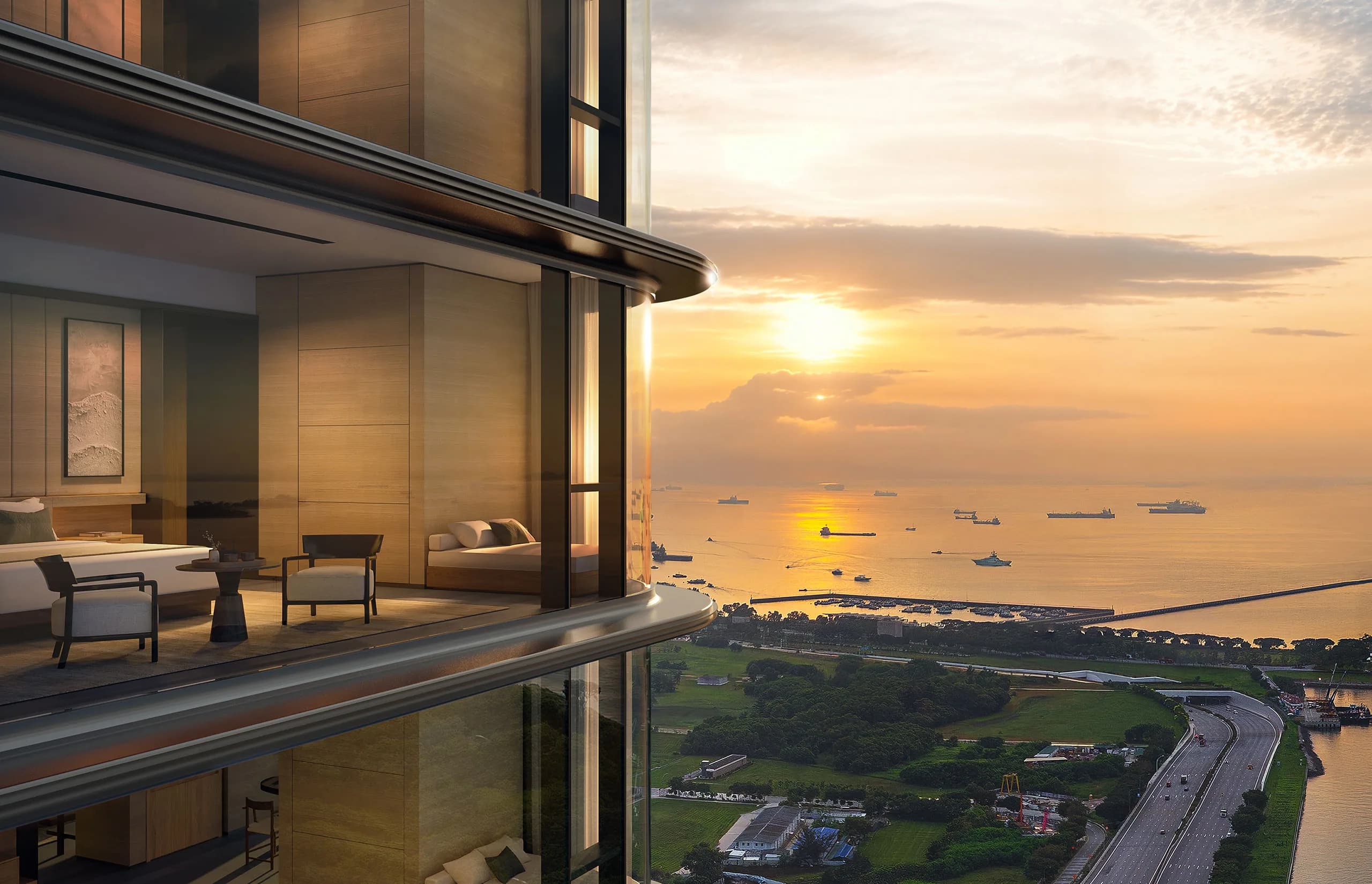 A residence balcony at sunset over the Singapore Strait at Aman Residences, Singapore, rendered.