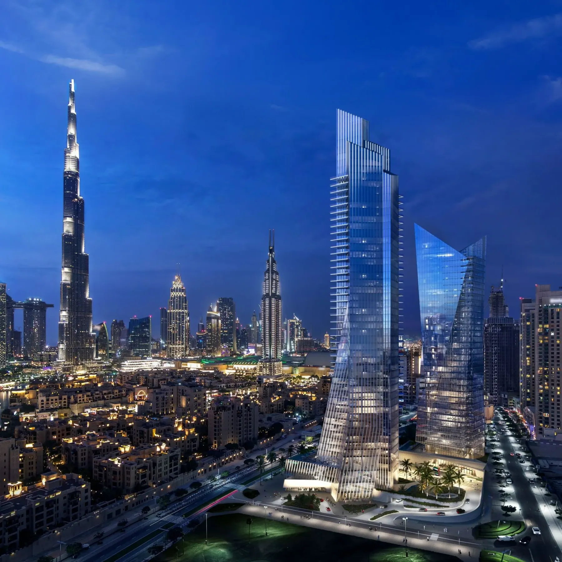 The two Studio Libeskind towers of Baccarat Hotel & Residences Dubai at dusk, with the Burj Khalifa beyond, rendered.