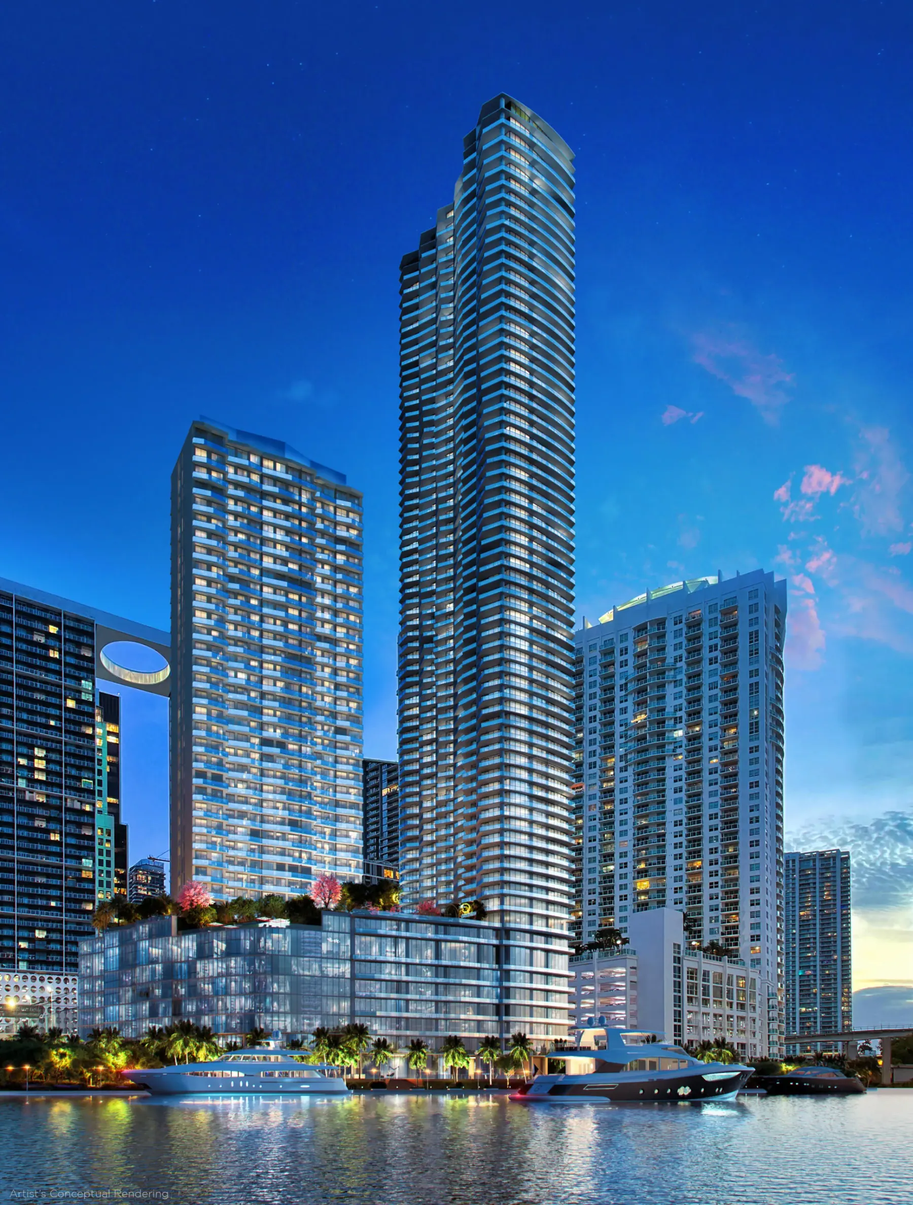 The 75-storey Baccarat Residences Miami tower on the Miami River at Brickell, in the developer's rendering.