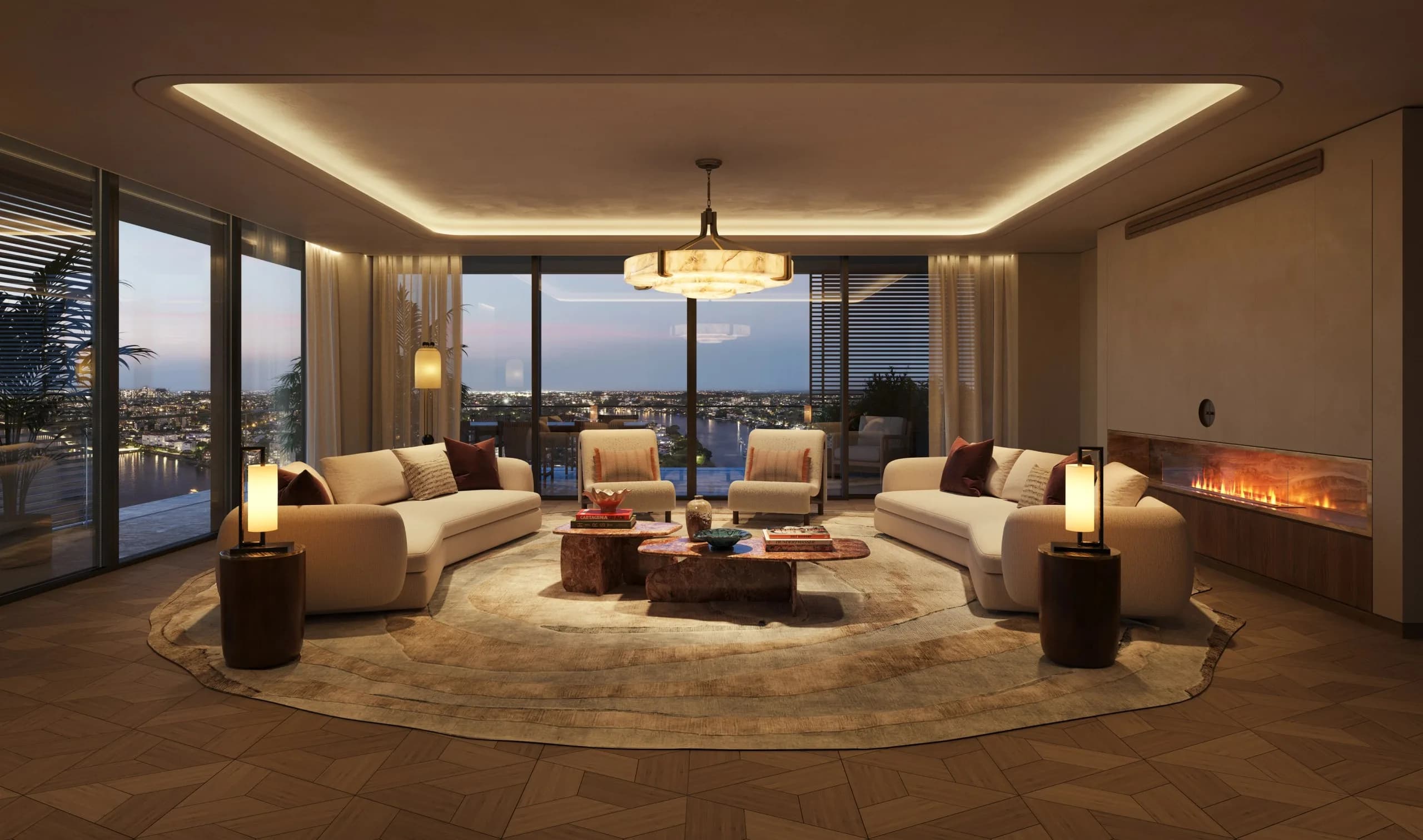 Rendering of a Capella Residences Brisbane living room with curved sofas and Brisbane River view at dusk.