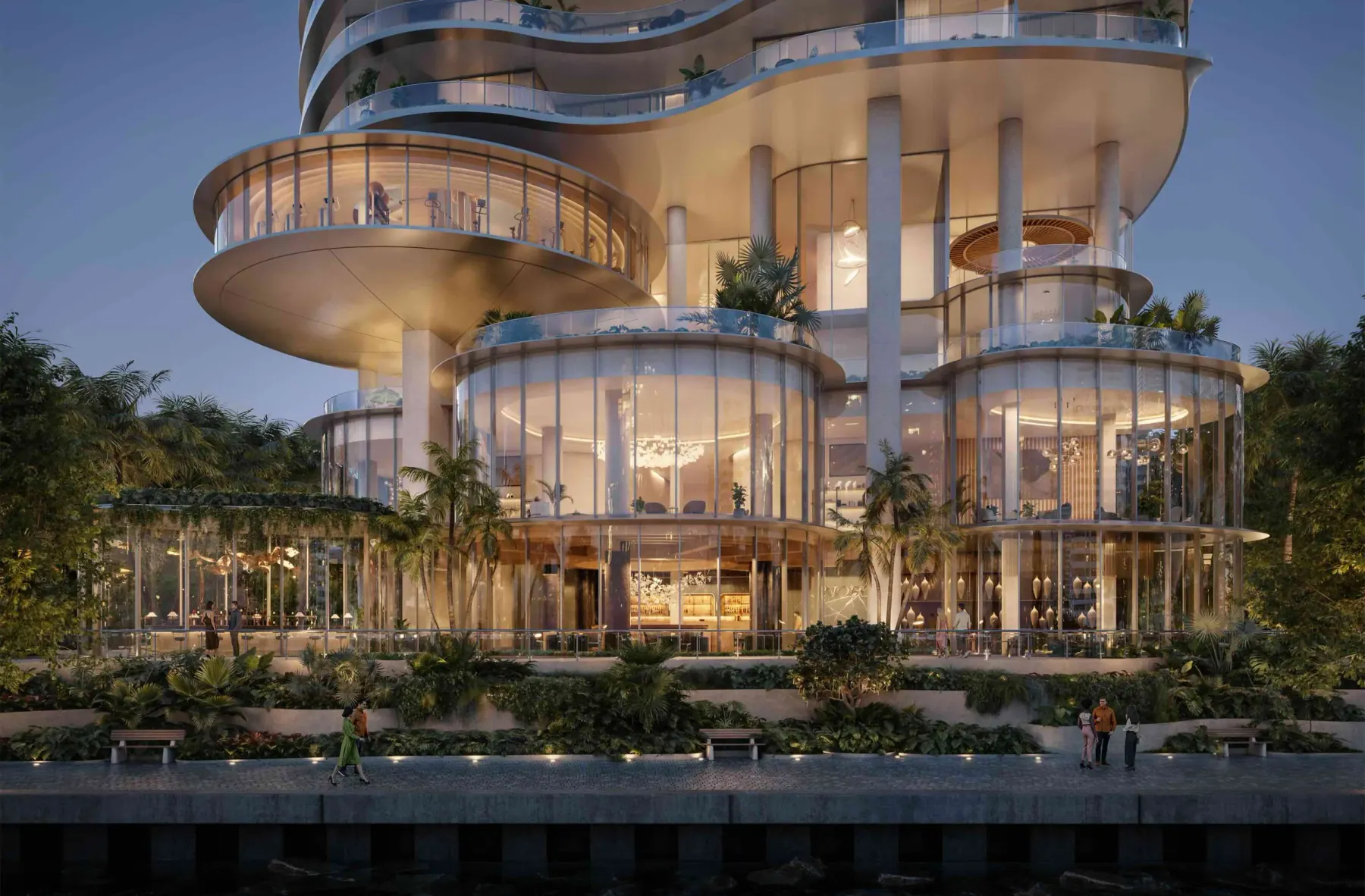 The base of the Capella Residences tower at WellEra, lit at dusk beside Lumpini Park, rendered.