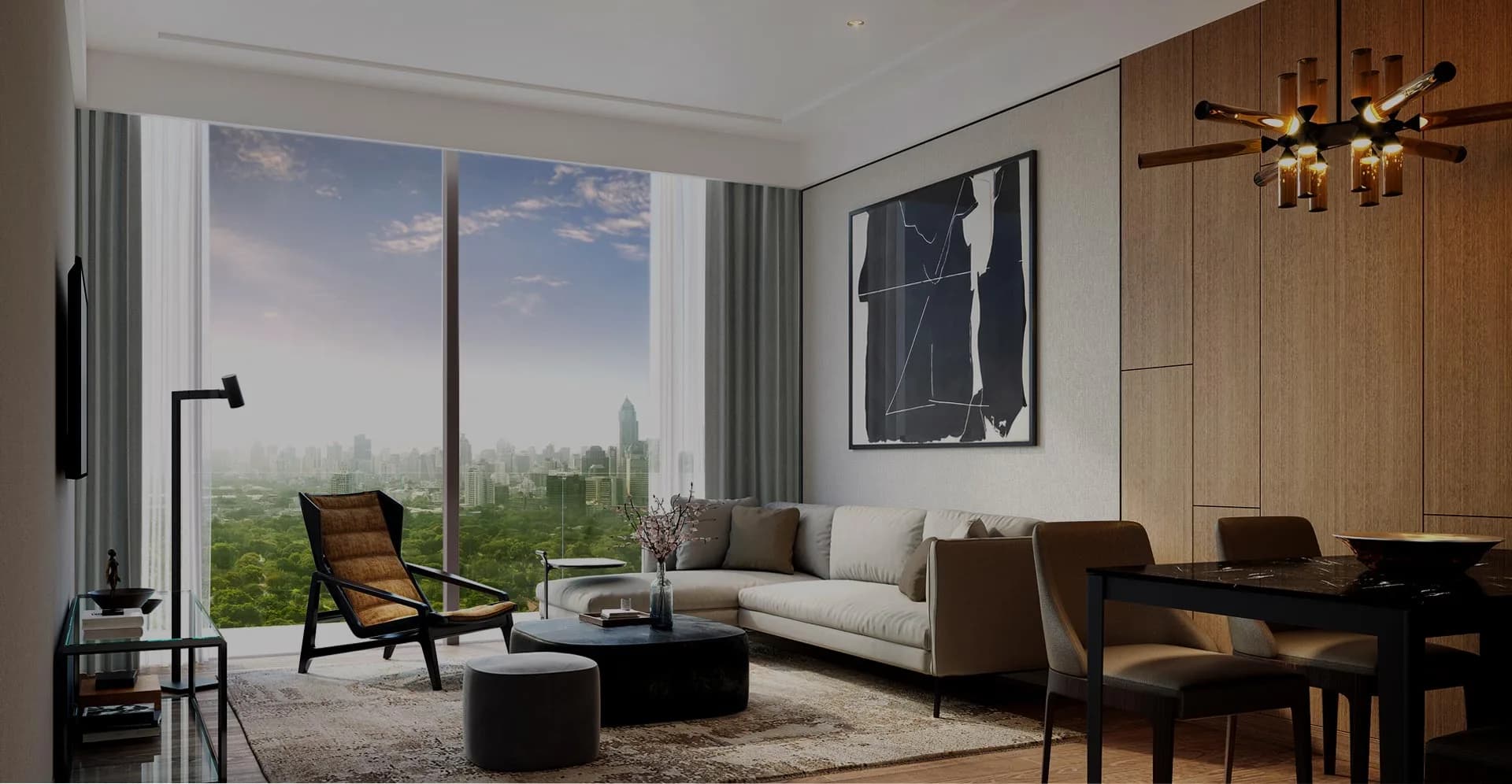 Rendering of an apartment living and dining room overlooking a park and Bangkok's high-rise skyline.