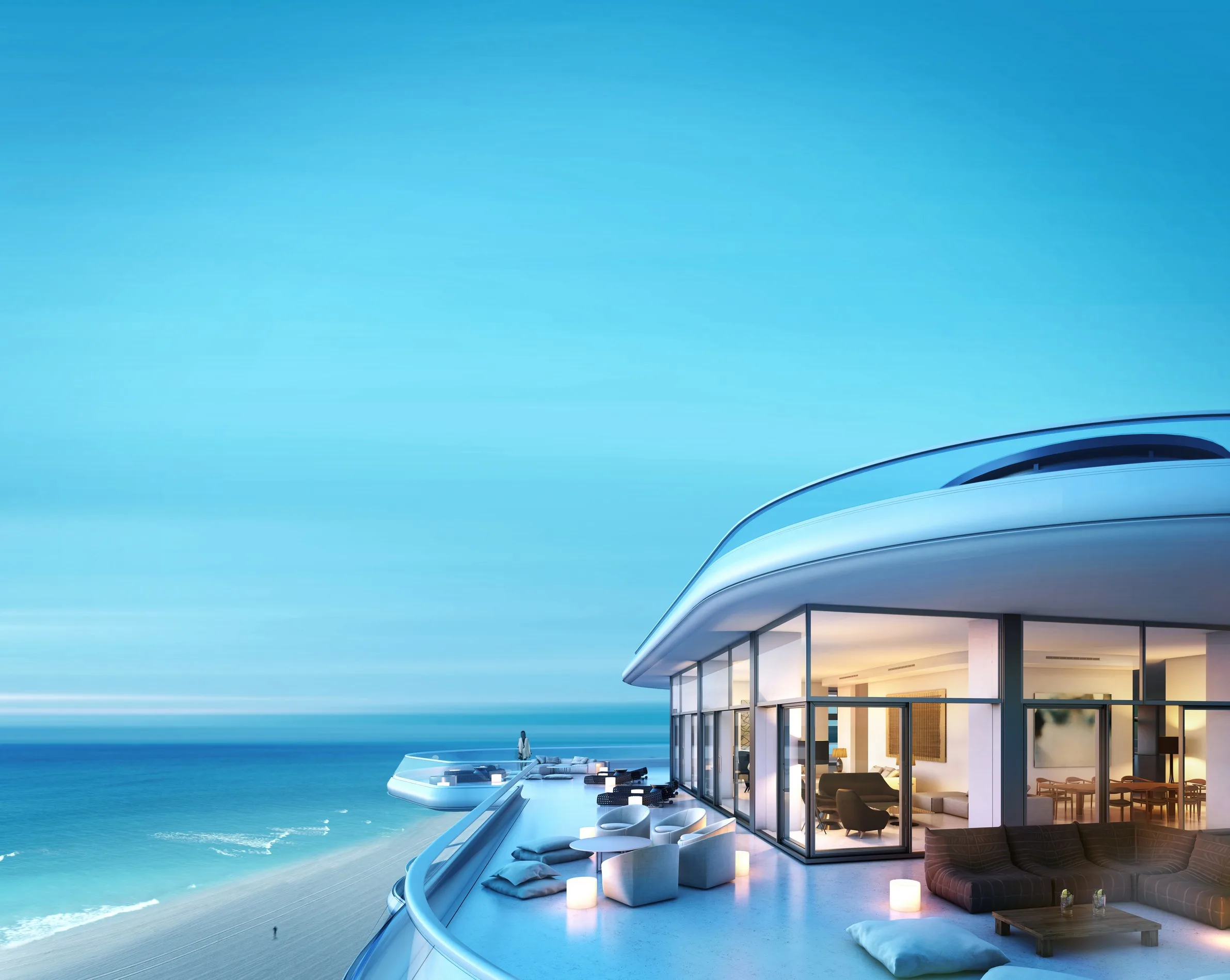 The penthouse terrace on the curved roof of Faena Hotel Miami Beach above the ocean, rendered.