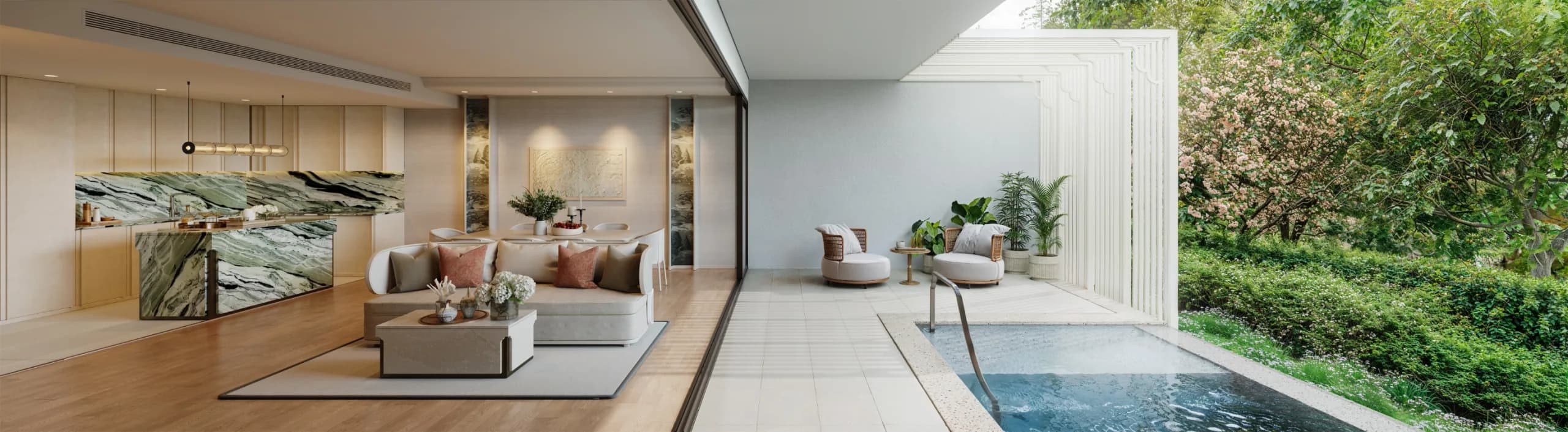 Rendering of an open-plan living area and kitchen opening onto a terrace with private plunge pool