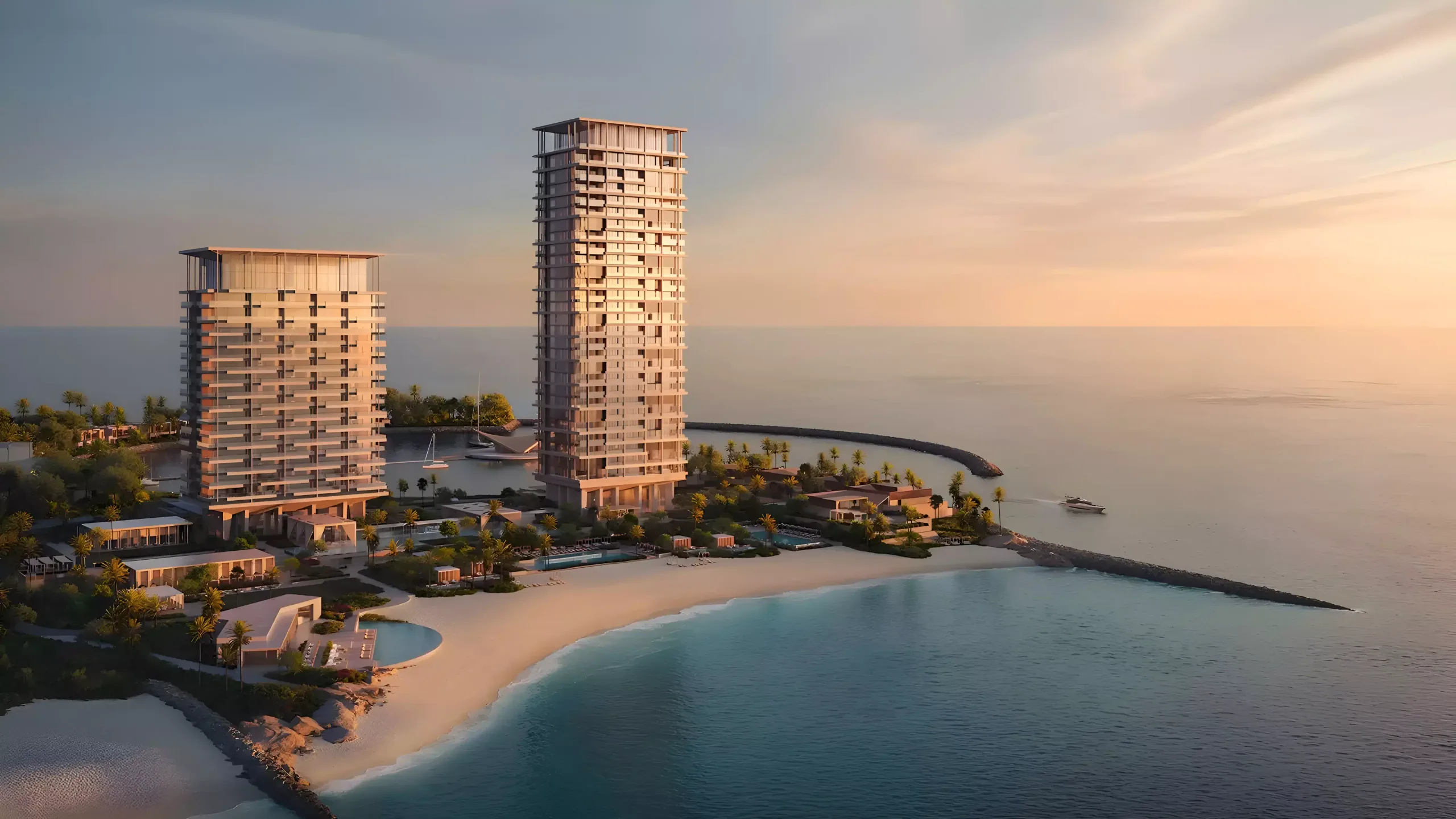Janu Residences and the hotel on the shore of Al Marjan Island, Ras Al Khaimah, rendered.