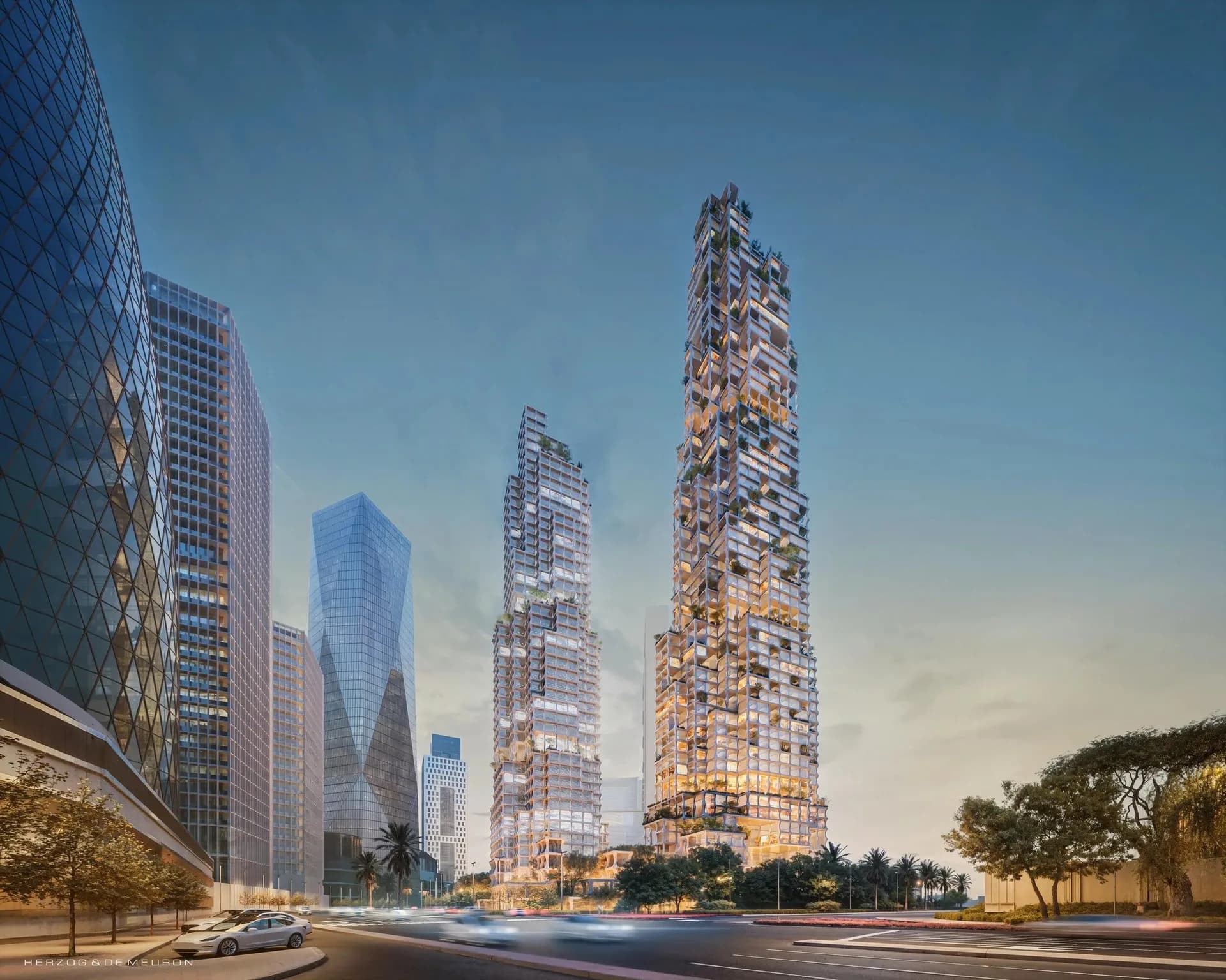 The Herzog & de Meuron tower of Janu Residences, Dubai in the DIFC at dusk, rendered.