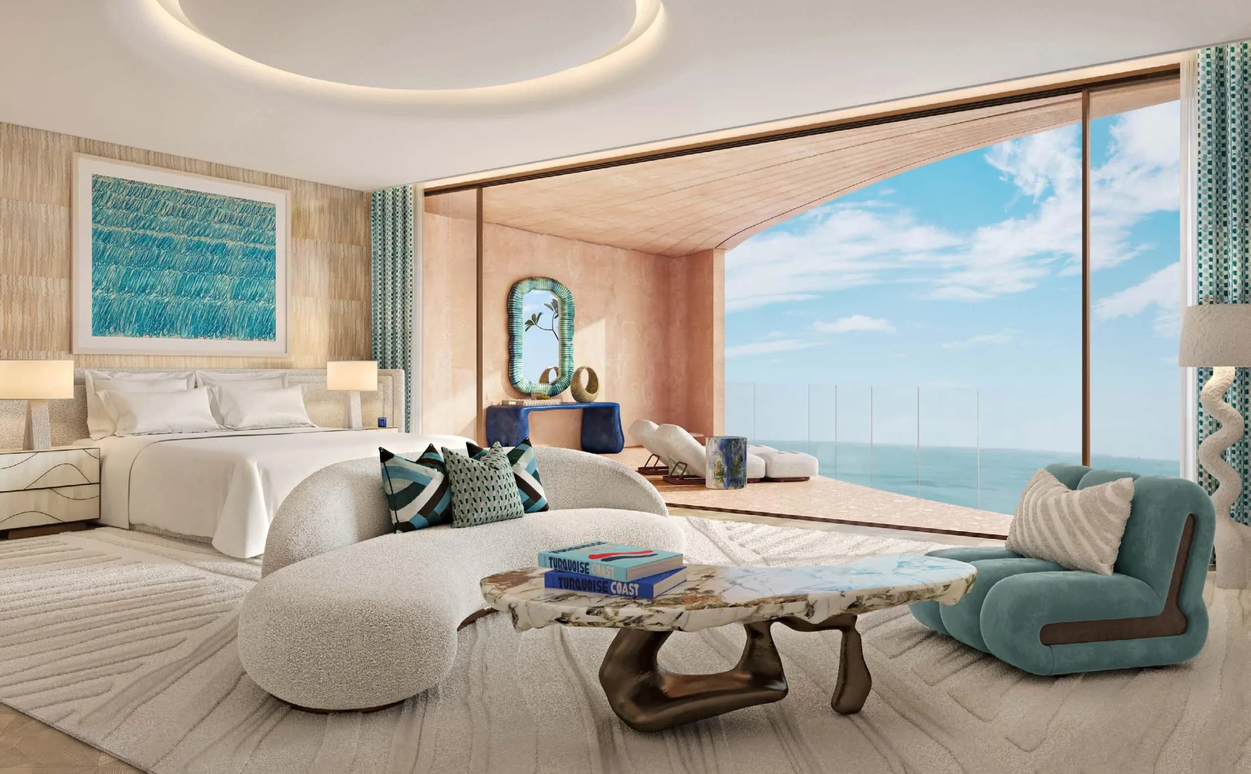 A bedroom opening to a terrace over the Gulf at Jumeirah Asora Bay, La Mer, rendered.