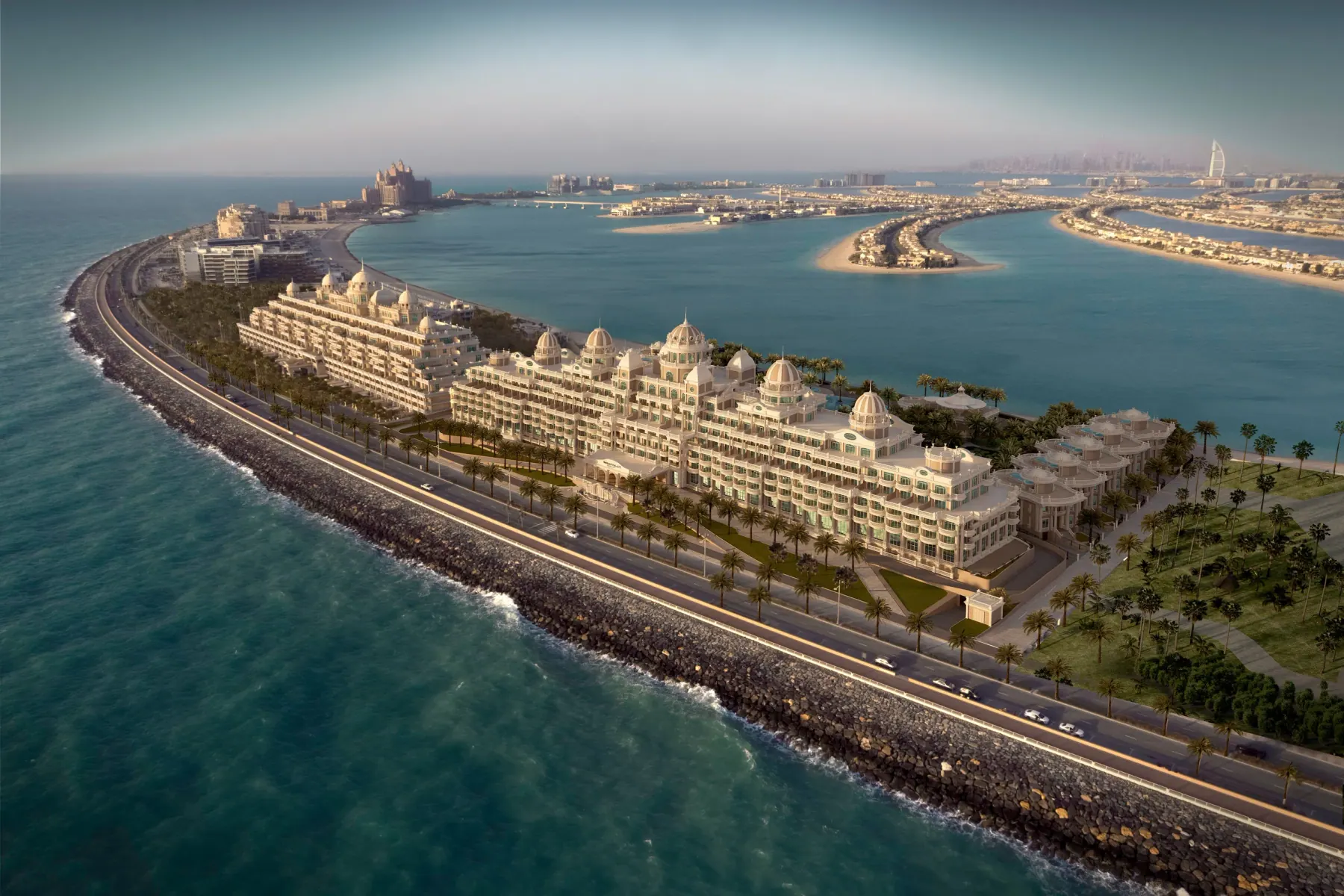 Kempinski Hotel & Residences Palm Jumeirah from the air, along the Crescent of Palm Jumeirah.