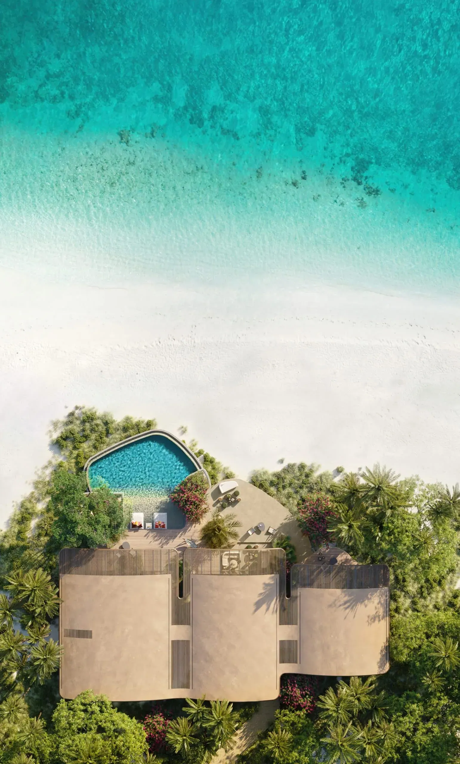 A beach villa at Miraval The Red Sea Residences from above, its pool between the house and the sand of Shura Island, rendered.