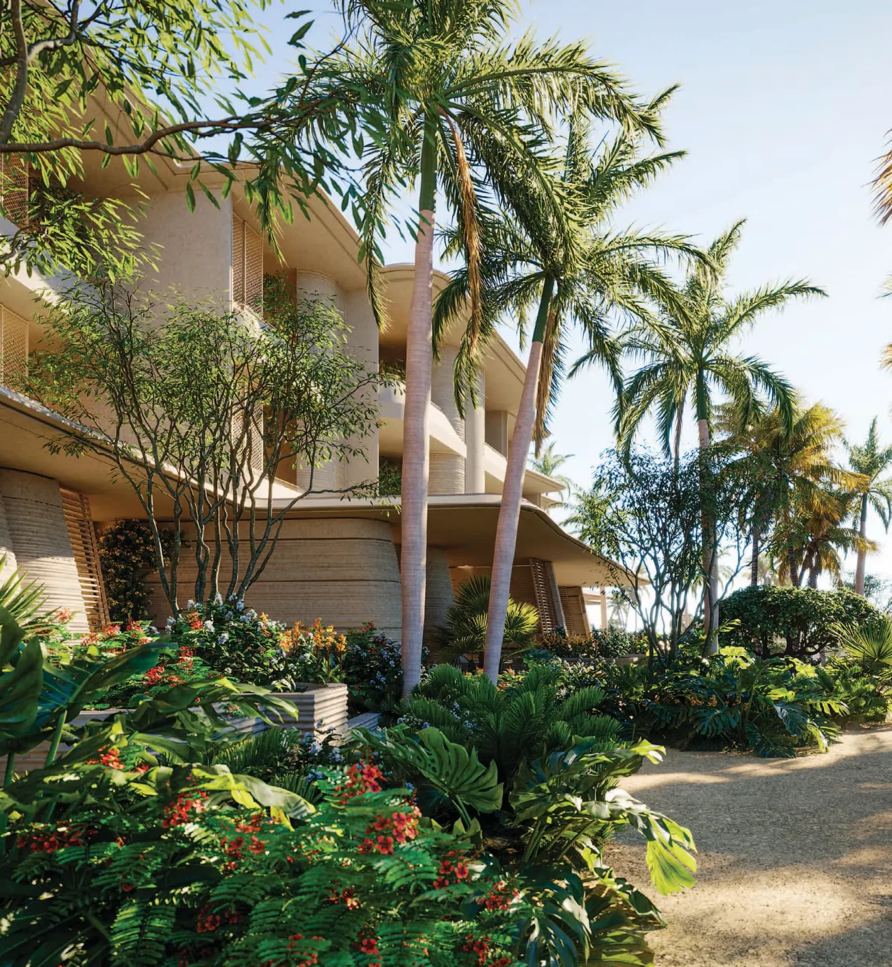 The residence building at Nammos Residences AMAALA behind its palms, rendered.