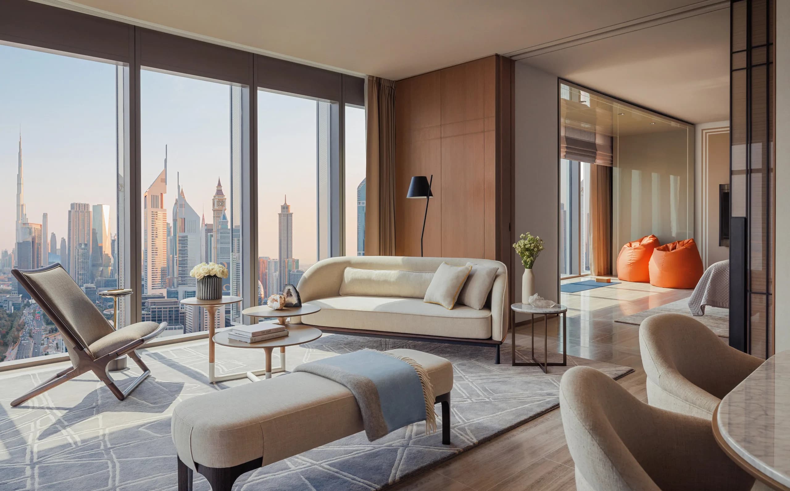 A living room at One&Only Private Homes, One Za'abeel, looking across Zabeel to the Downtown Dubai skyline.