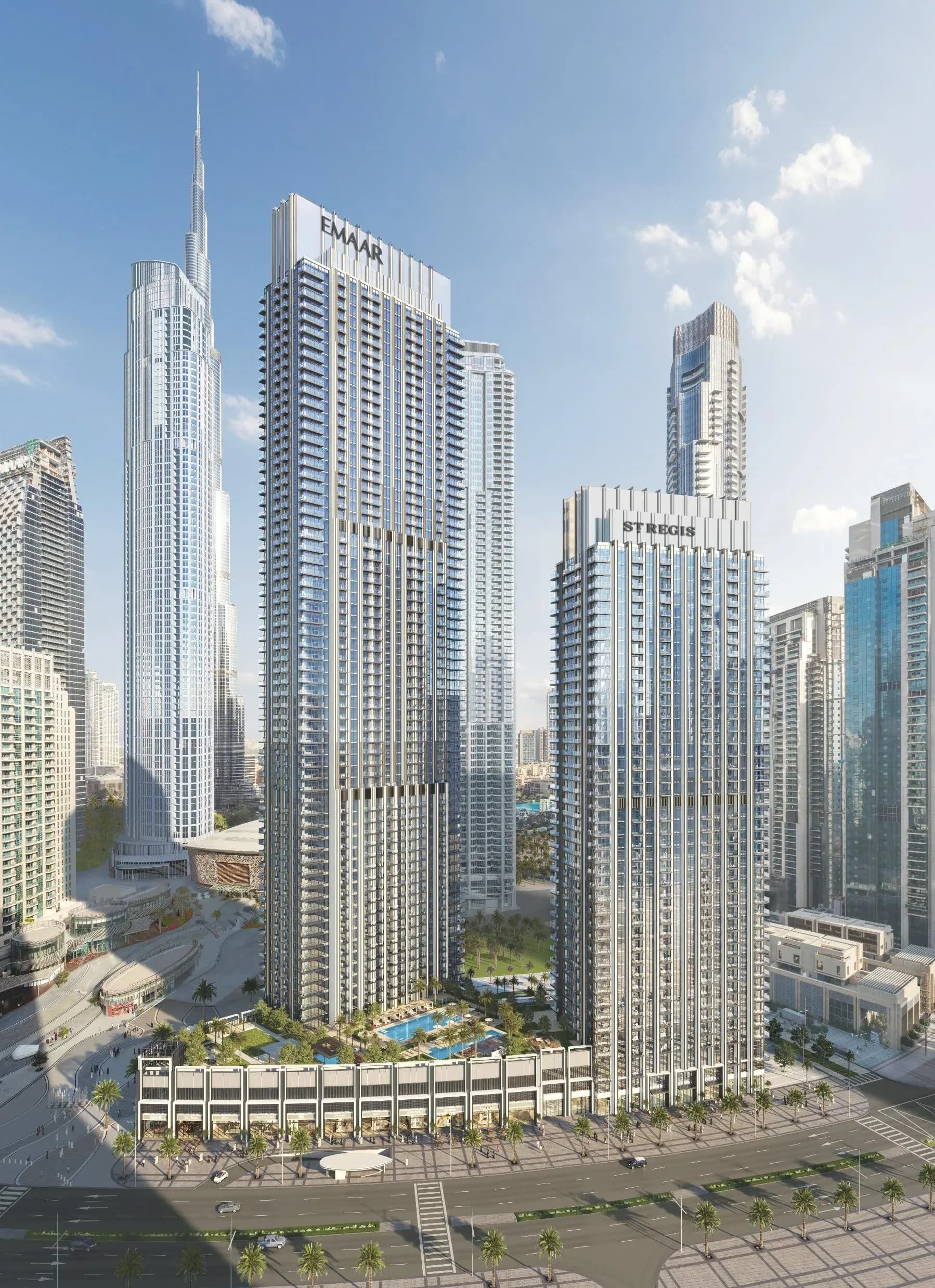 The two towers of The St. Regis Residences, Downtown Dubai with the Burj Khalifa behind, rendered.