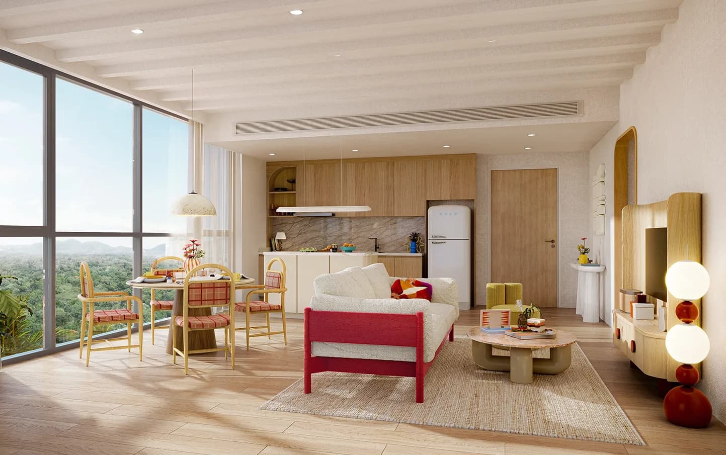 Rendering of an open-plan apartment living, dining and kitchen area with floor-to-ceiling windows over treetops