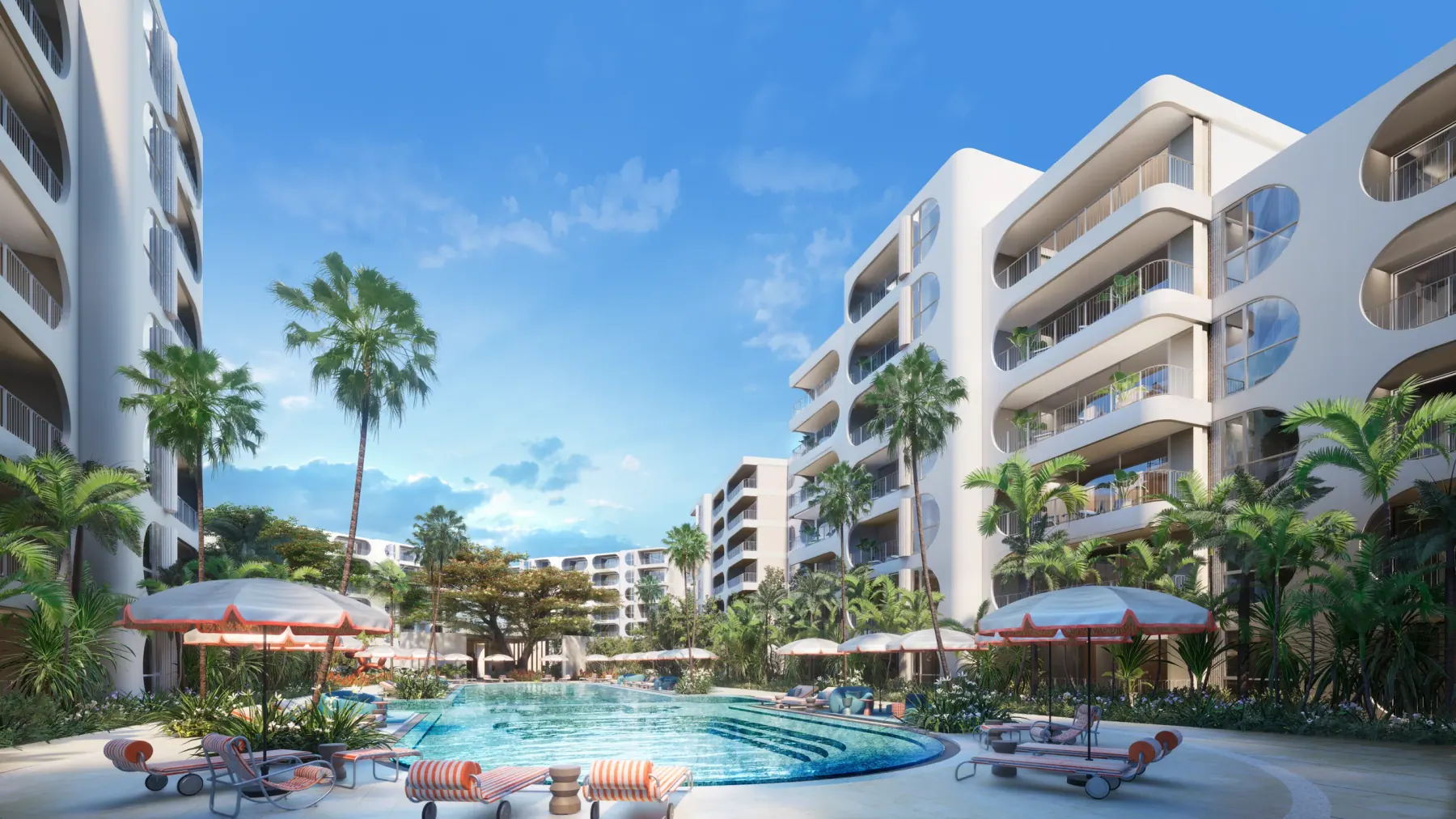 Rendering of white apartment blocks with arched balconies around a courtyard lap pool