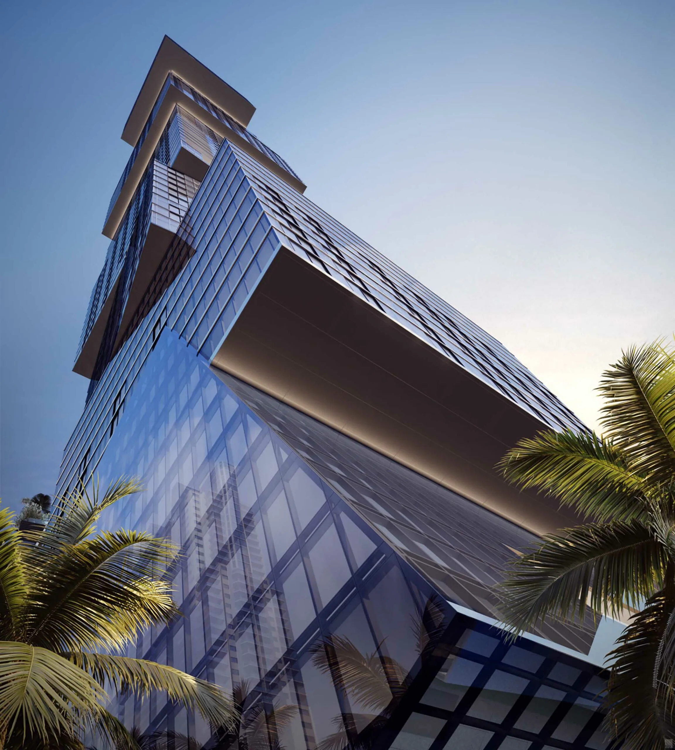 The stacked-cube tower of Waldorf Astoria Residences Miami seen from its base, rendered.