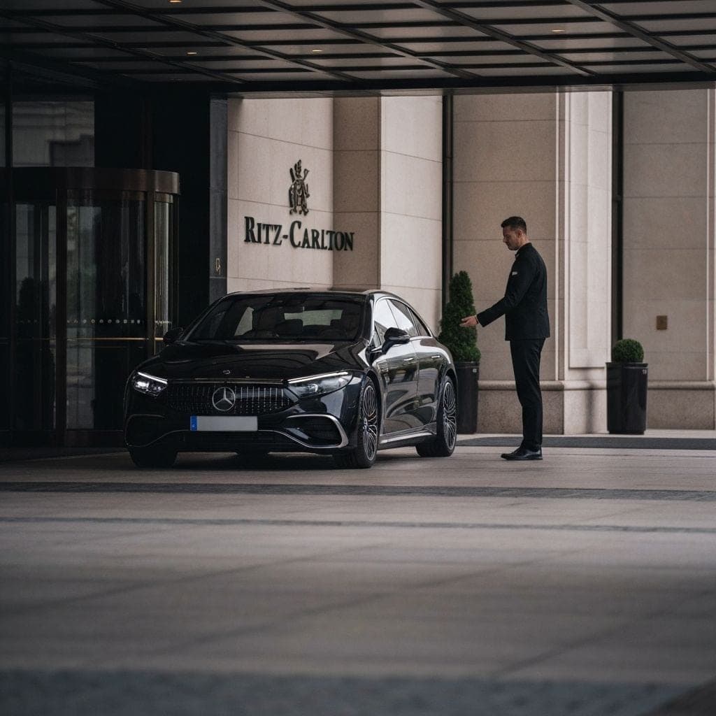 Водитель открывает дверь чёрного Mercedes у входа в отель Ritz-Carlton
