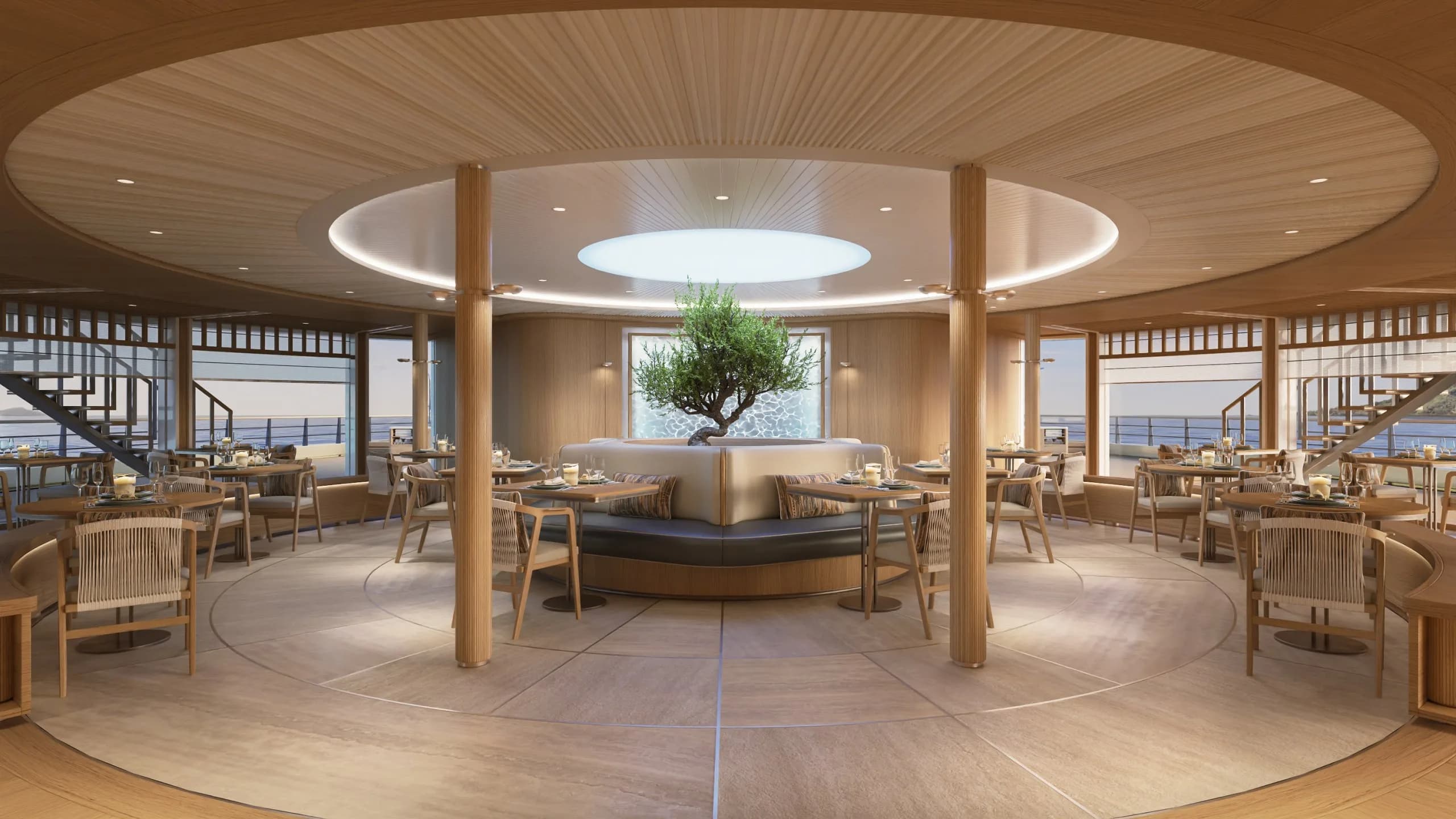 Rendering of Alira, Amangati's Mediterranean restaurant, a round room built around an olive tree beneath a skylight