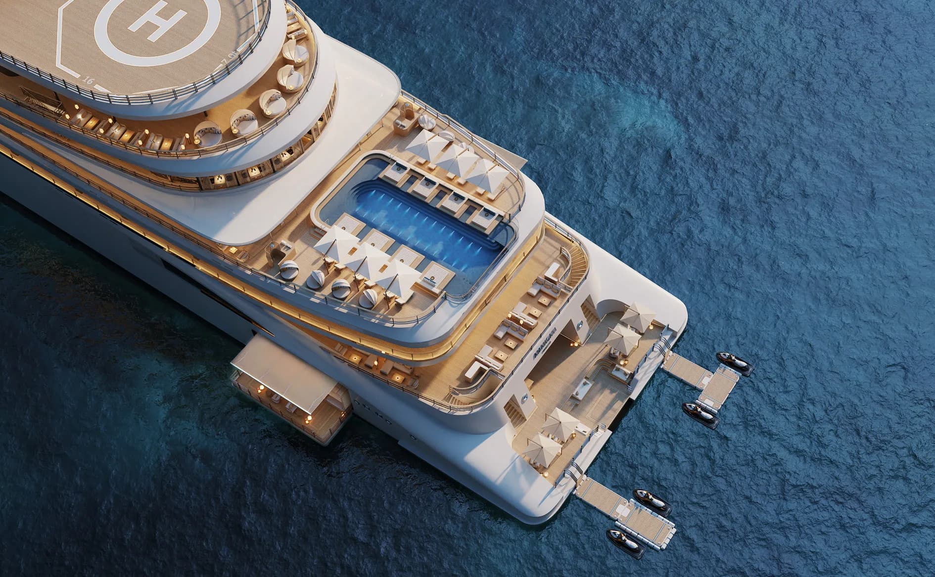 Rendering of Amangati from above — helipad, pool deck and the marina's floating platforms on the water