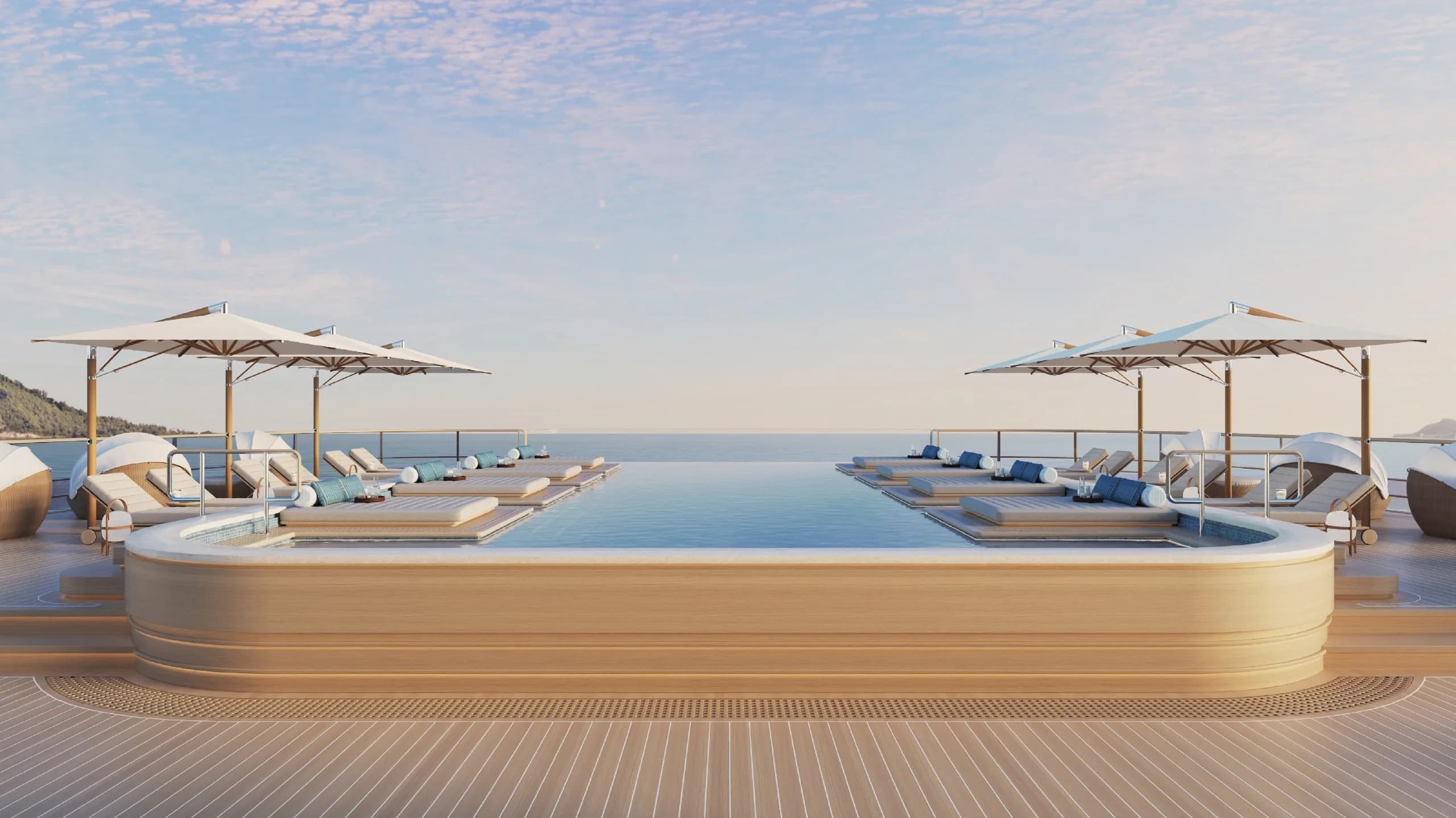 Rendering of Amangati's 16-metre pool flanked by daybeds and umbrellas, looking astern to the sea