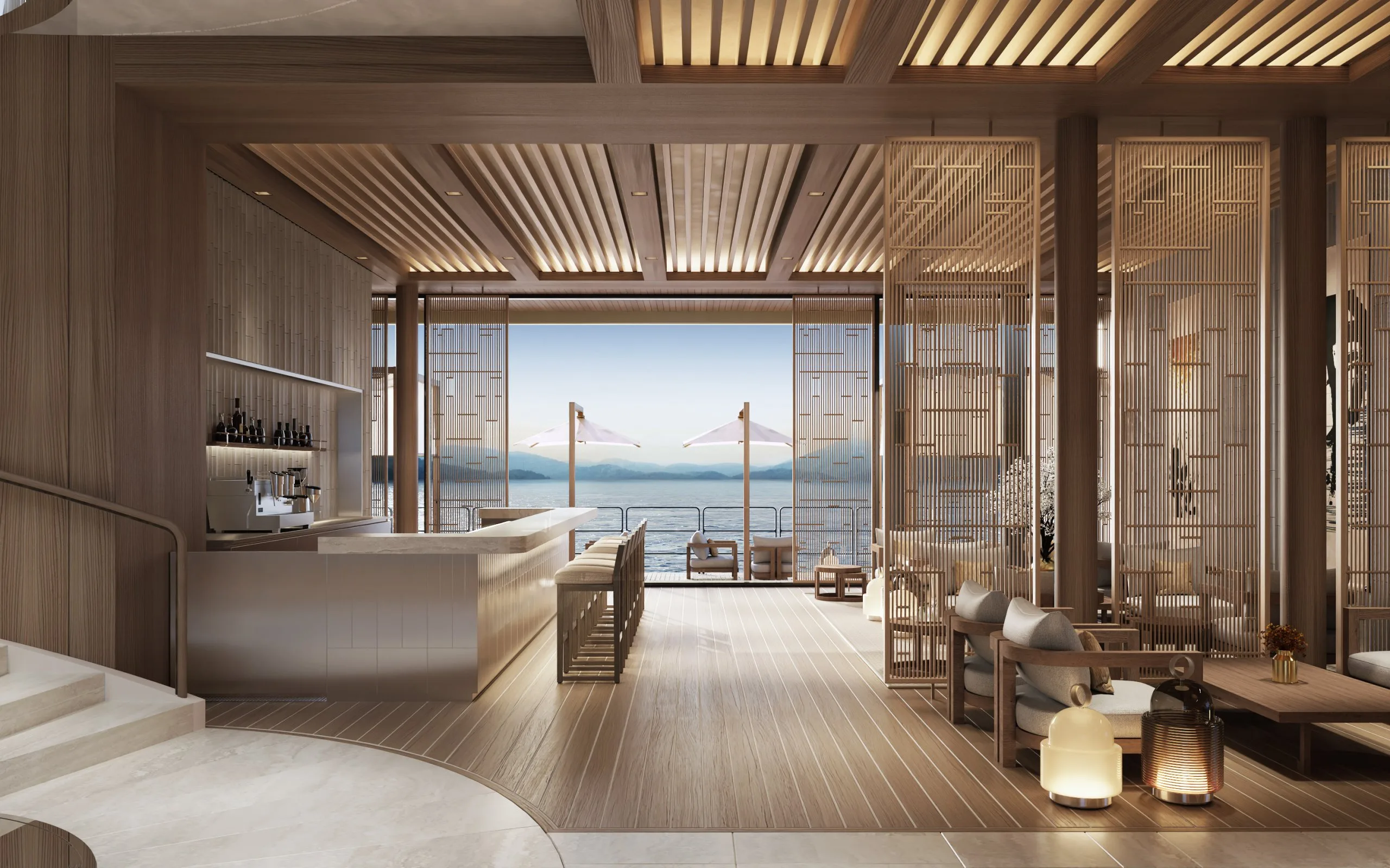 Rendering of the Selora lounge and bar aboard Amangati, opening to a sea-facing terrace