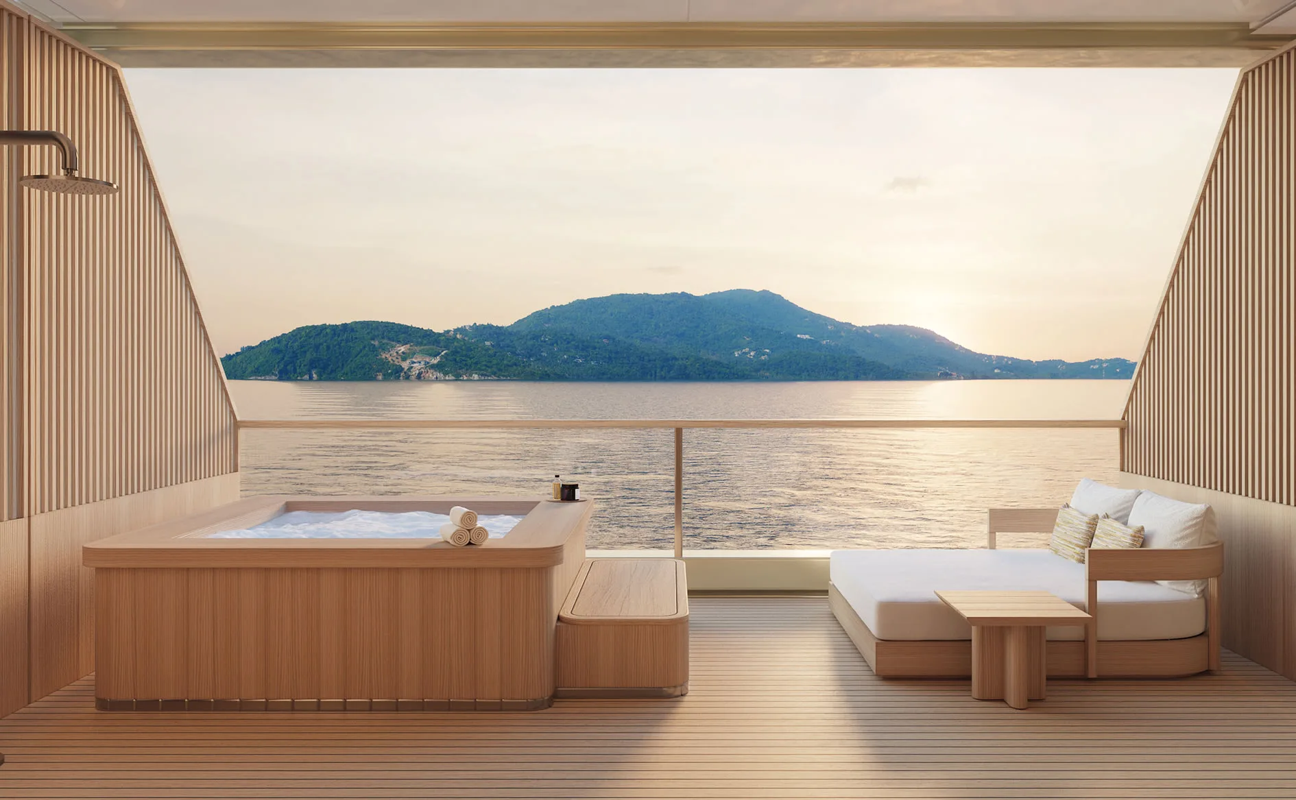 Rendering of an Aman Spa treatment suite terrace aboard Amangati with whirlpool bath and daybed