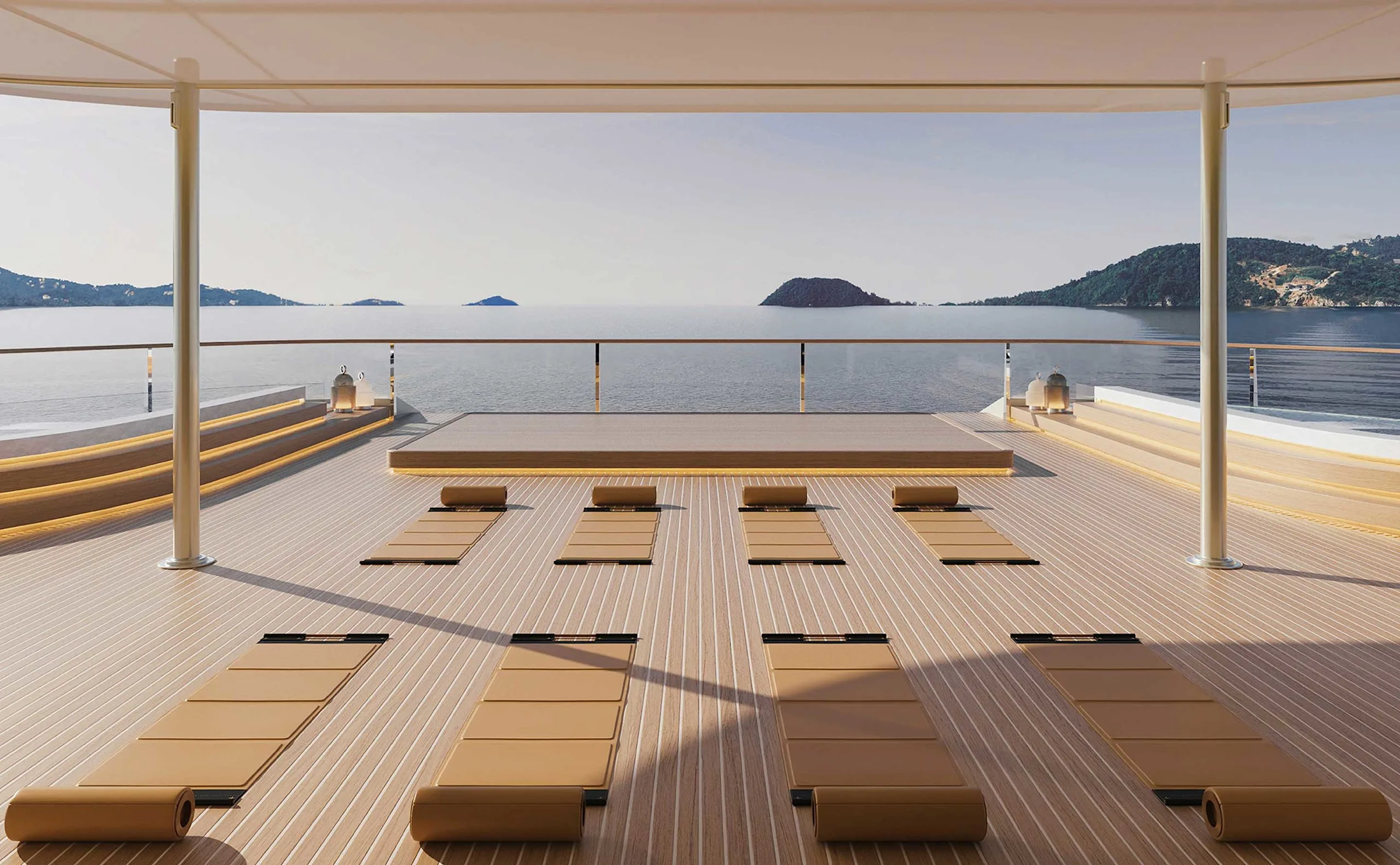 Rendering of the Yoga & Meditation Deck aboard Amangati with mats laid out facing the sea