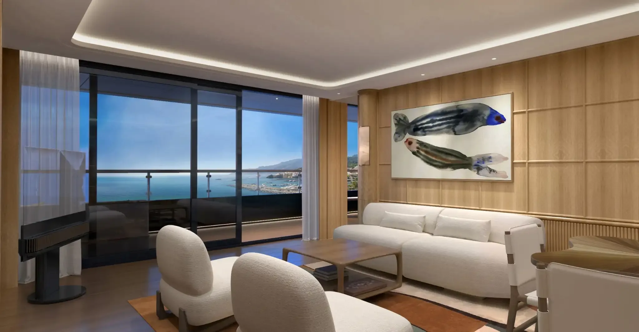 A Grand Ocean Suite living room aboard Four Seasons I, opening onto a private terrace