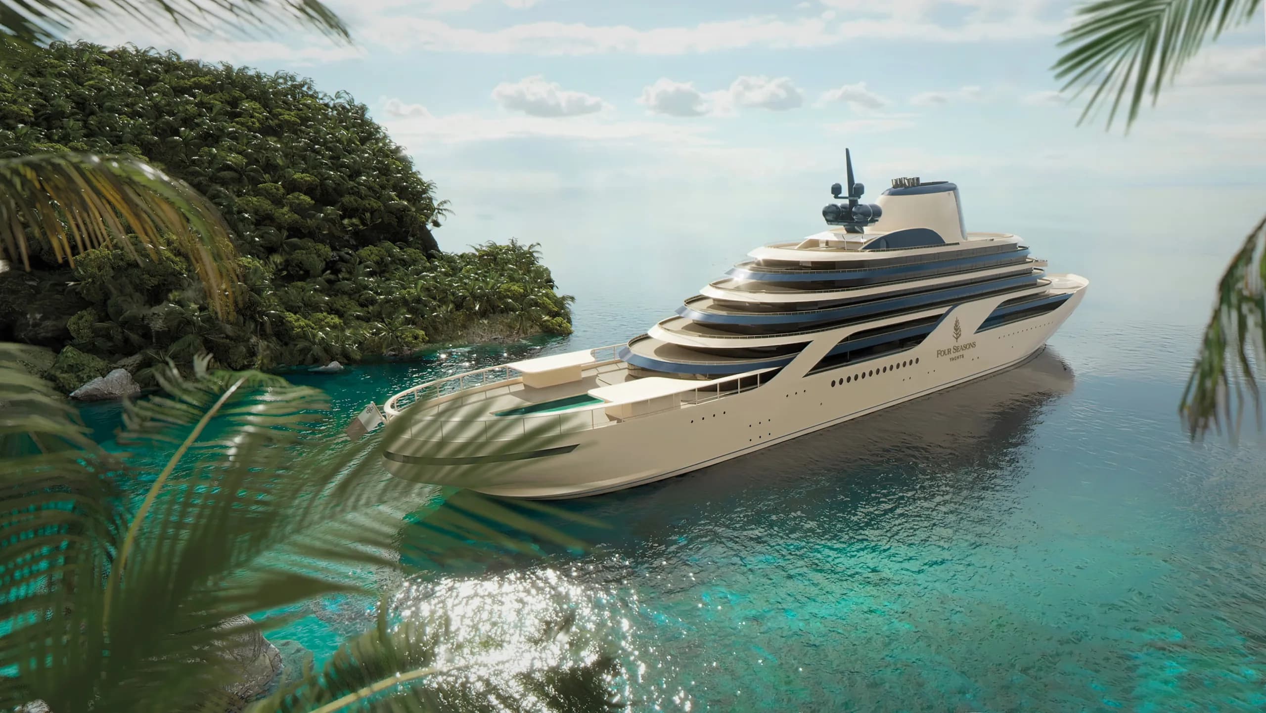 Four Seasons I anchored off a wooded cove in clear turquoise water