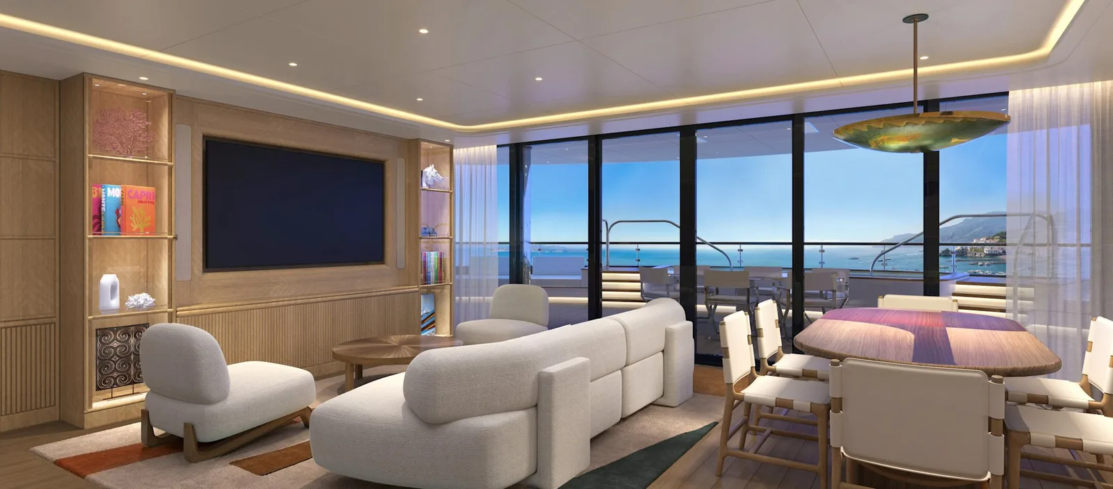 Living and dining room of the Milos, Saint Barths and Málaga Suites on Four Seasons I: a wide sofa, a dining table for eight and the terrace beyond floor-to-ceiling glass (Four Seasons rendering)