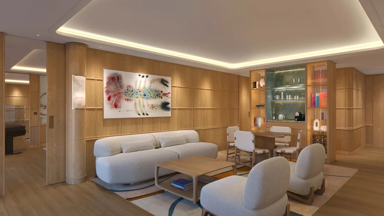 Ocean Suite living room on Four Seasons I: oak-panelled walls, a curved sofa and dining table for four, a lit bar cabinet (Four Seasons rendering)
