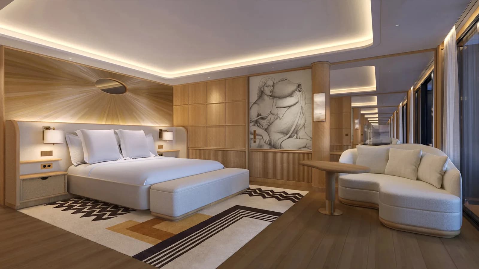 Seaview Suite bedroom on Four Seasons I: king bed under a sunburst oak headboard wall, a curved sofa by the floor-to-ceiling windows (Four Seasons rendering)