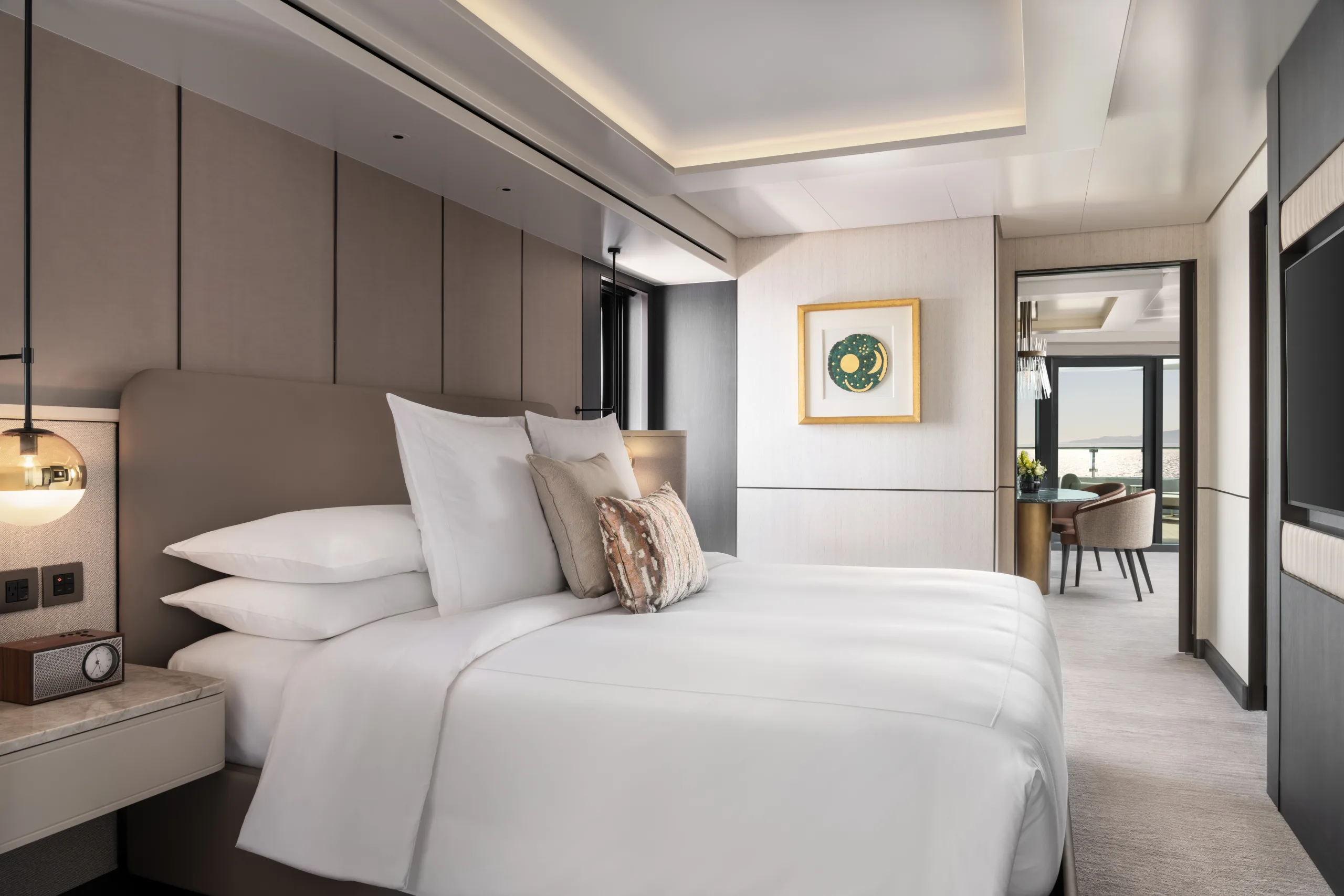 The Owner's Suite aboard Ilma, the bedroom looking through to the living area