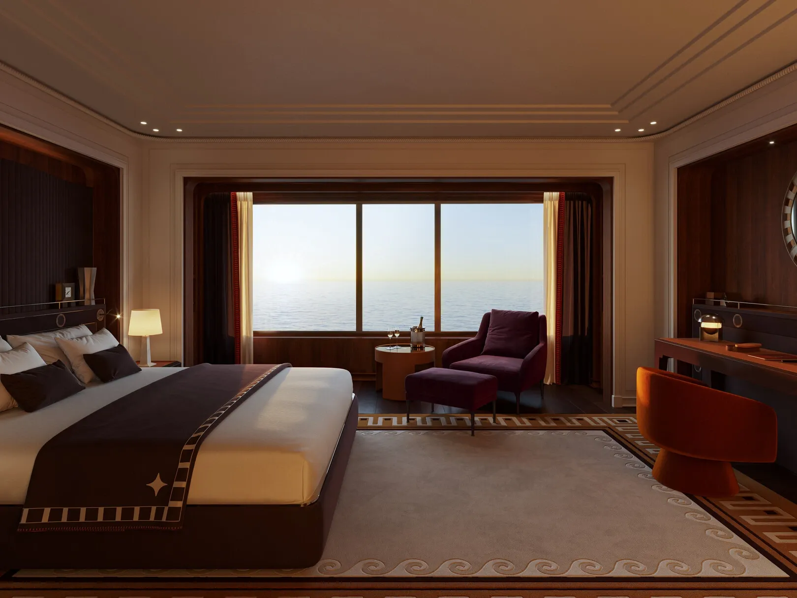 Rendering of a Suite Panoramique as Orient Express shows it, a king-size bed facing a wide window onto the sea at sunset