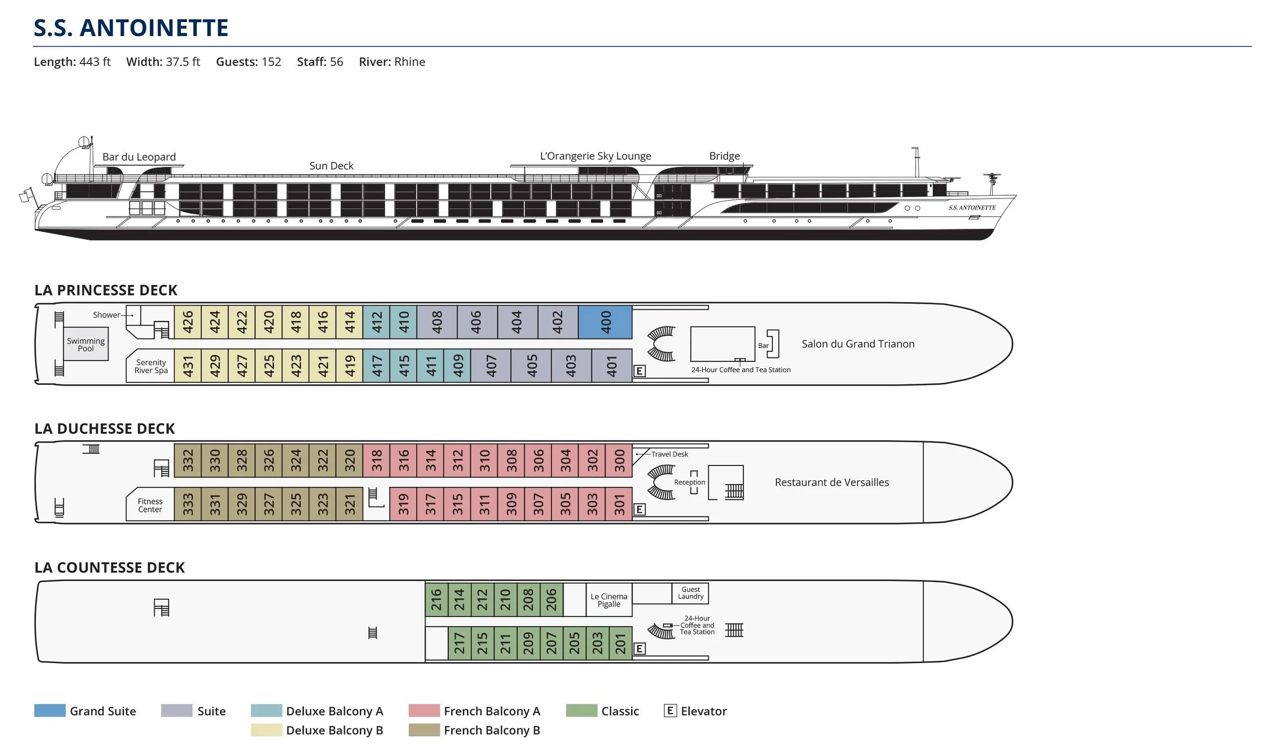 Deck plan of S.S. Antoinette: the Grand Suite, Suites and Deluxe Balcony staterooms on La Princesse Deck with the pool, spa and Salon du Grand Trianon; French Balcony staterooms and the Restaurant de Versailles on La Duchesse Deck; Classic staterooms and Le Cinema Pigalle on La Countesse Deck