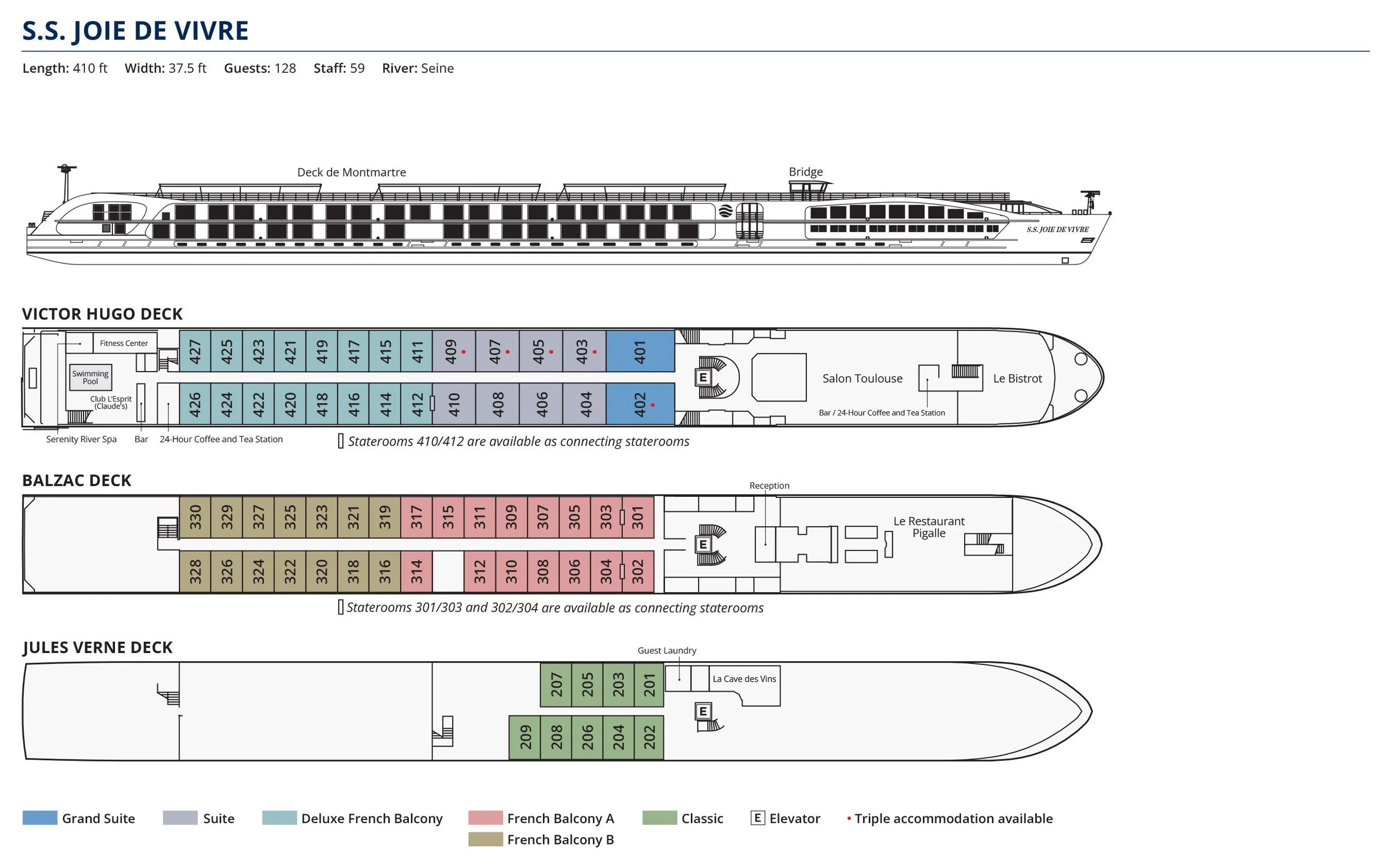 Deck plan of S.S. Joie de Vivre: Grand Suites, Suites and Deluxe French Balcony staterooms, Salon Toulouse, Le Bistrot, the pool and Club L'Esprit on the Victor Hugo Deck; French Balcony staterooms and Le Restaurant Pigalle on the Balzac Deck; Classic staterooms and La Cave des Vins on the Jules Verne Deck