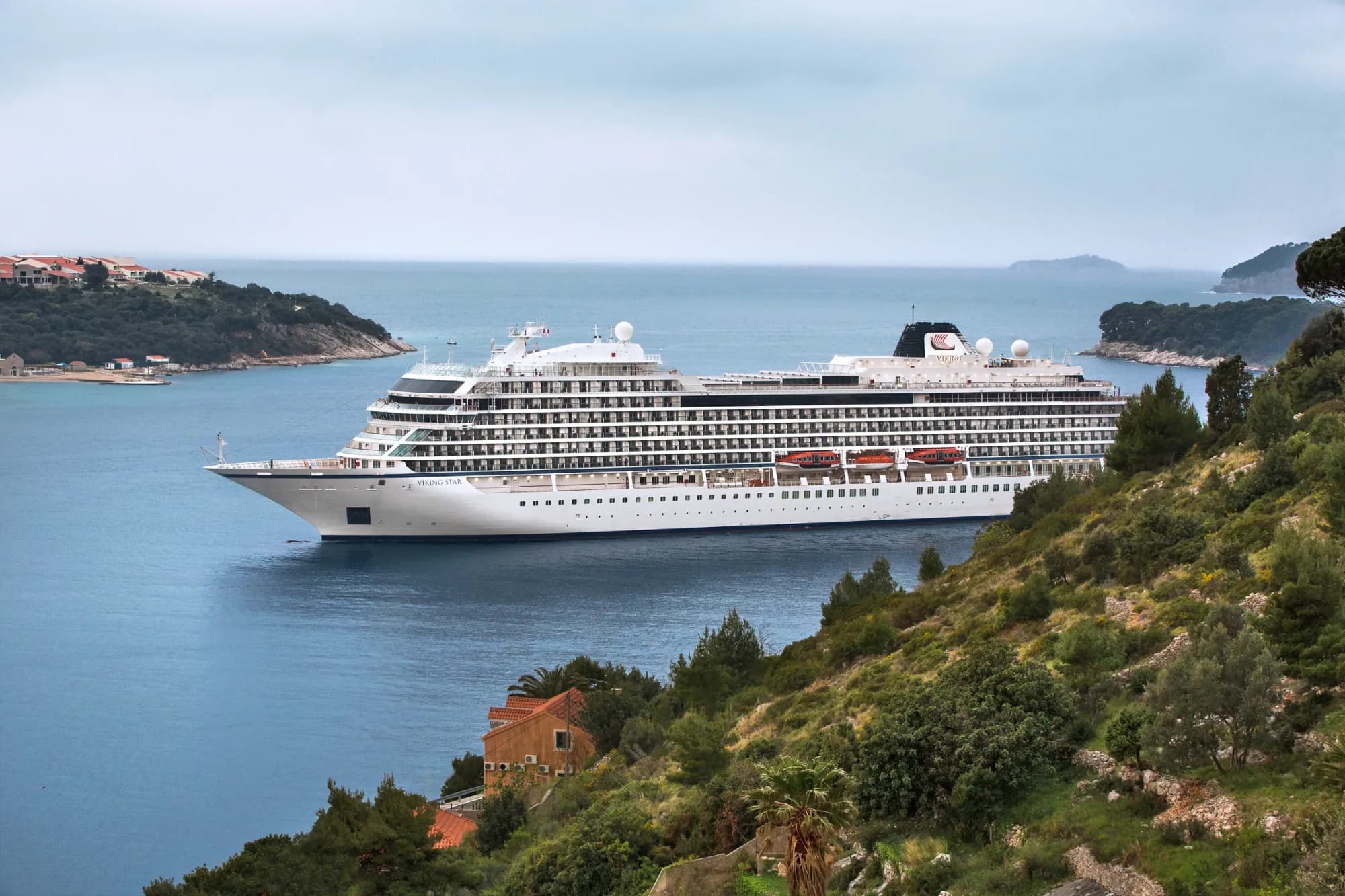 Viking Star at anchor in a bay off the Croatian coast near Dubrovnik