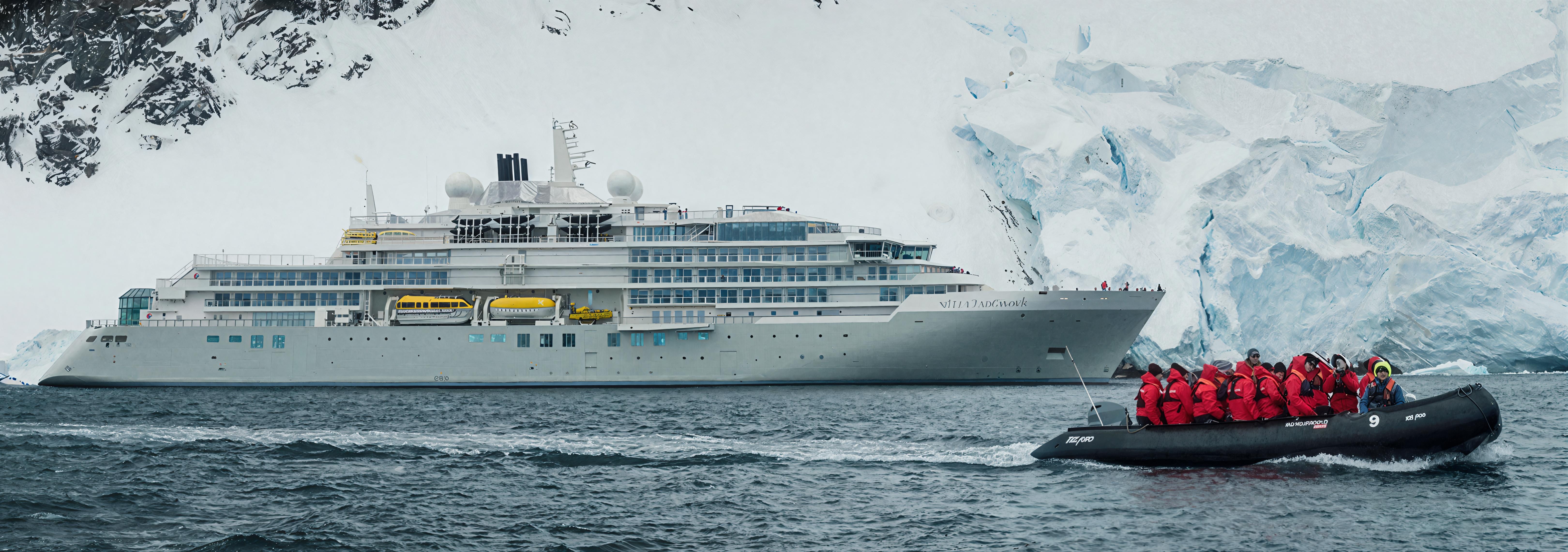 Expedition cruise ship in Antarctica with zodiac boat