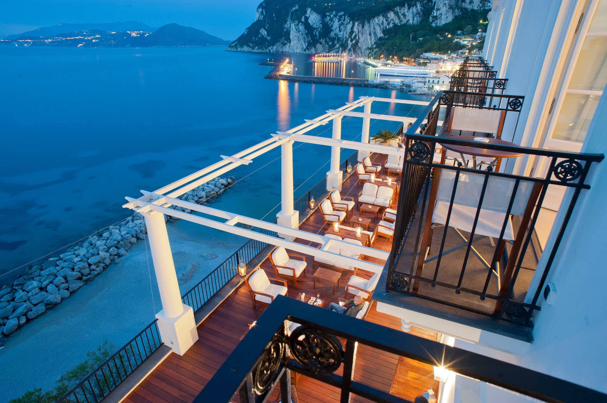 Capri above Marina Grande at dusk, looking across the bay