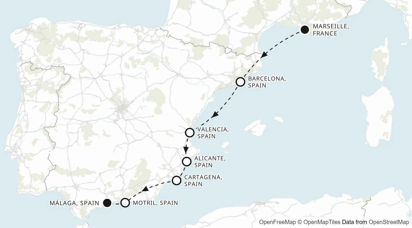 Route map: Marseille to Málaga